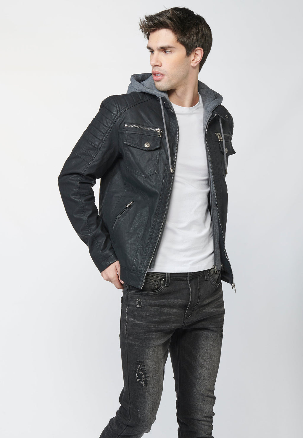 Chaqueta Cazadora Hombre Efecto Piel Capucha Desmontable – Koroshi 2211JA05