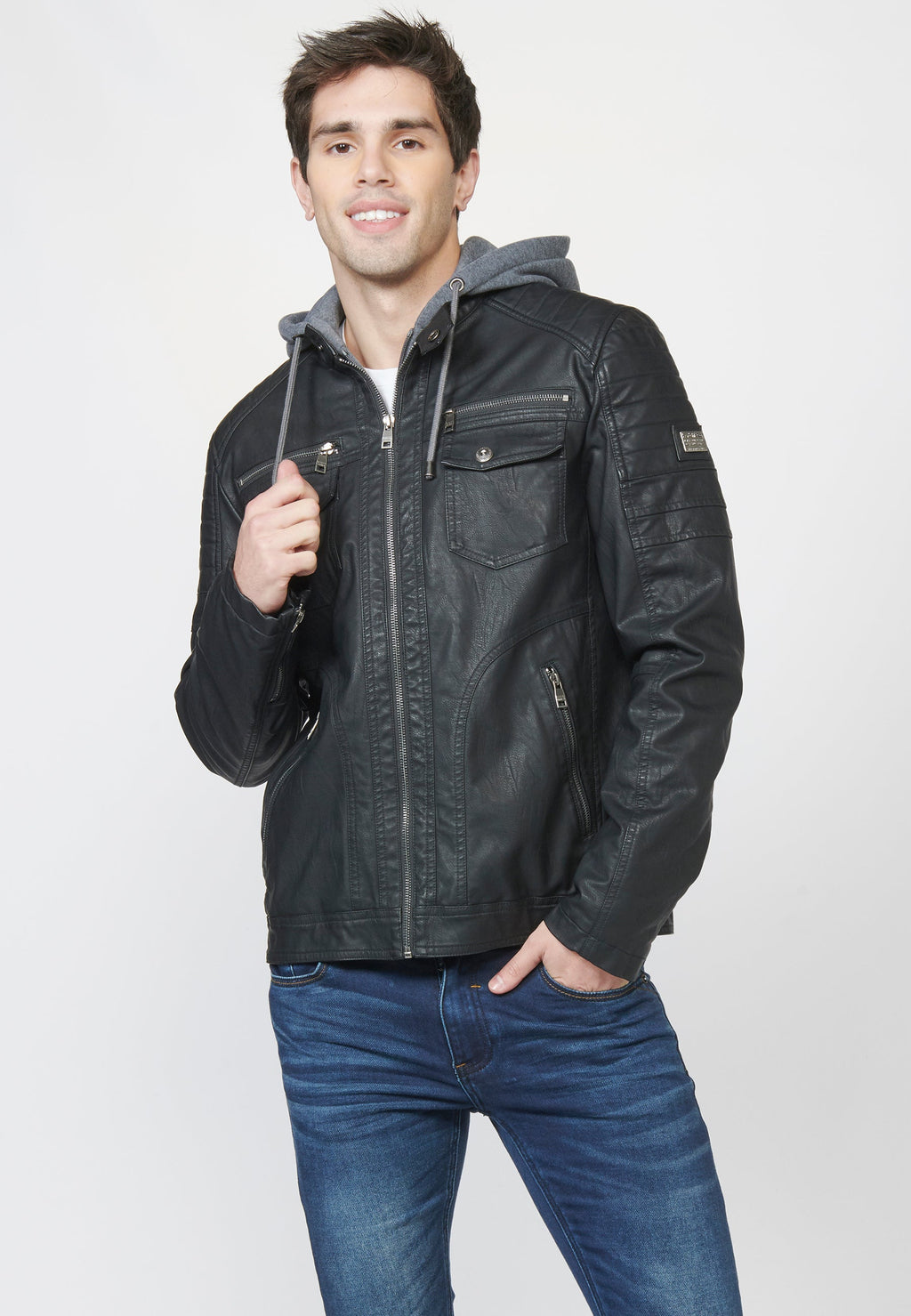 Chaqueta Cazadora Hombre Efecto Piel Capucha Desmontable – Koroshi 2211JA05