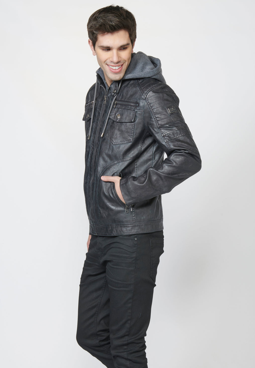 Chaqueta Cazadora Hombre Efecto Piel Capucha Desmontable – Koroshi 2211JA05