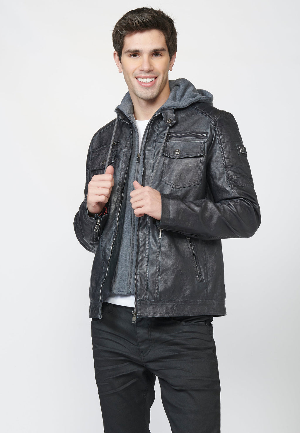 Chaqueta Cazadora Hombre Efecto Piel Capucha Desmontable – Koroshi 2211JA05