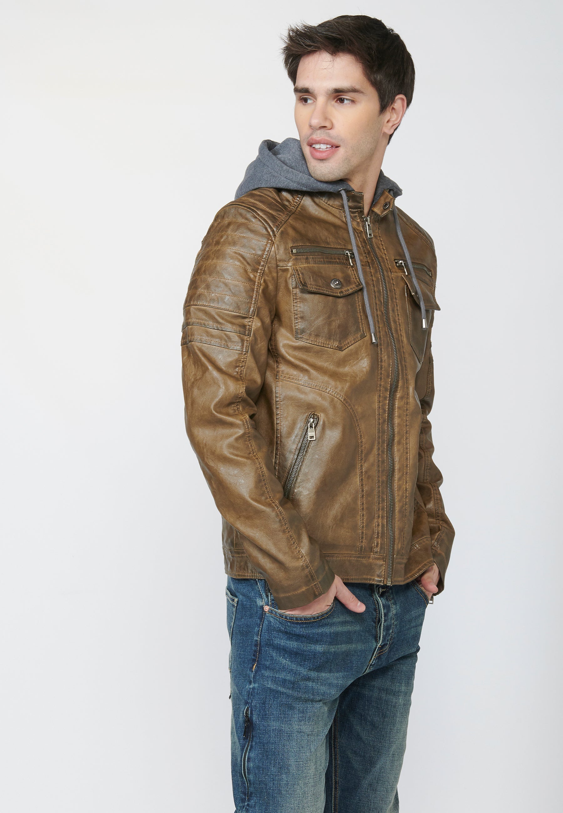 Chaqueta Cazadora Hombre Efecto Piel Capucha Desmontable – Koroshi 2211JA05