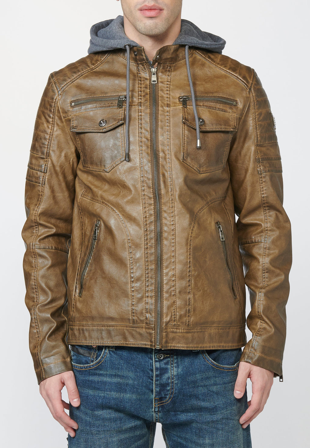 Chaqueta Cazadora Hombre Efecto Piel Capucha Desmontable – Koroshi 2211JA05
