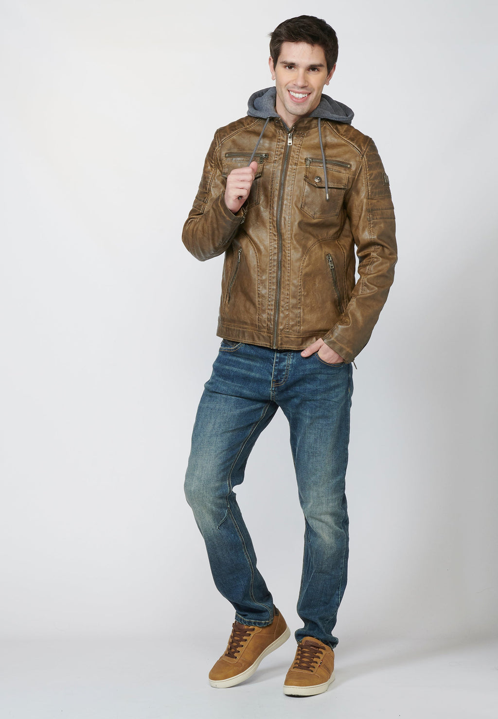 Chaqueta Cazadora Hombre Efecto Piel Capucha Desmontable – Koroshi 2211JA05