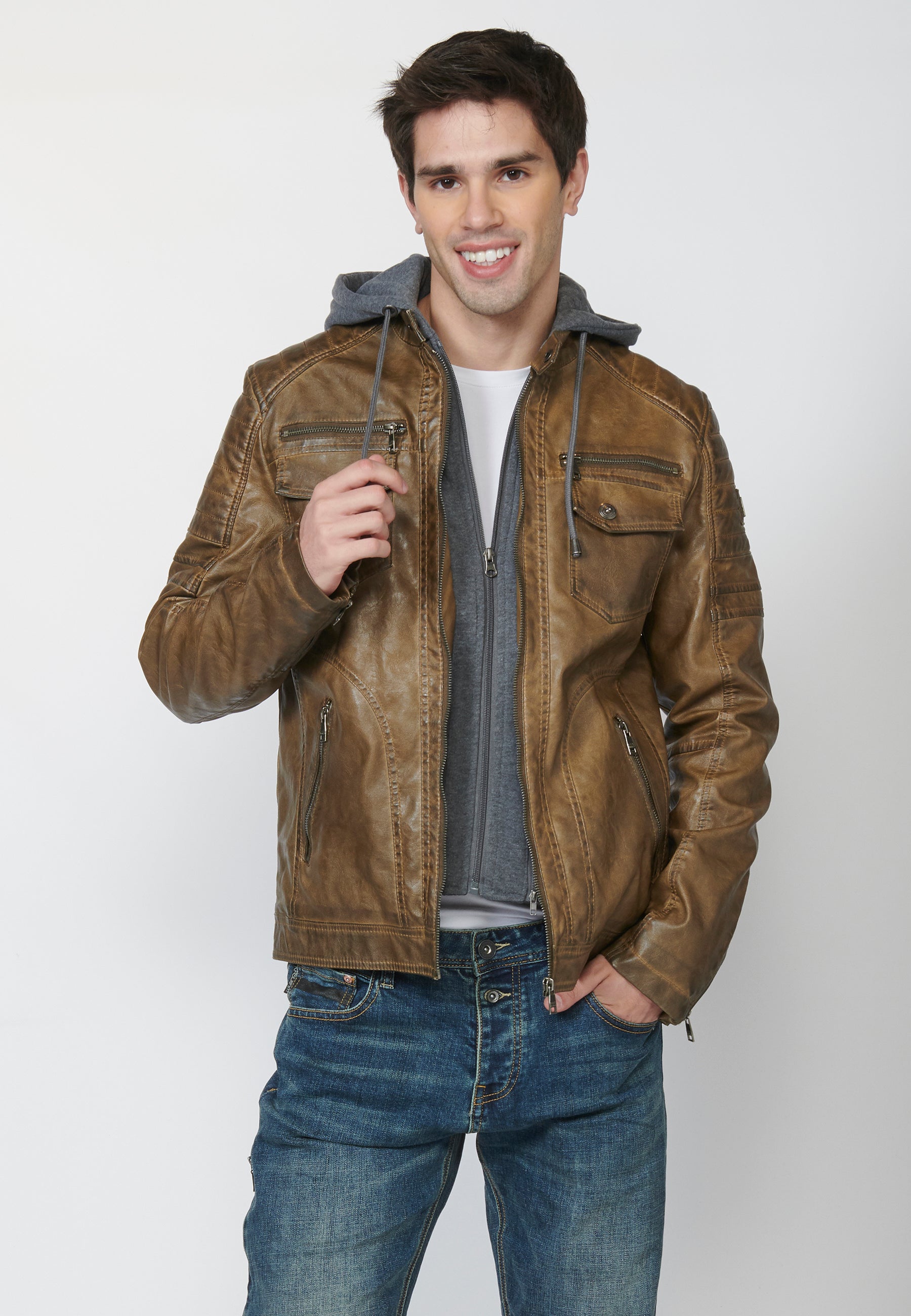 Chaqueta Cazadora Hombre Efecto Piel Capucha Desmontable – Koroshi 2211JA05