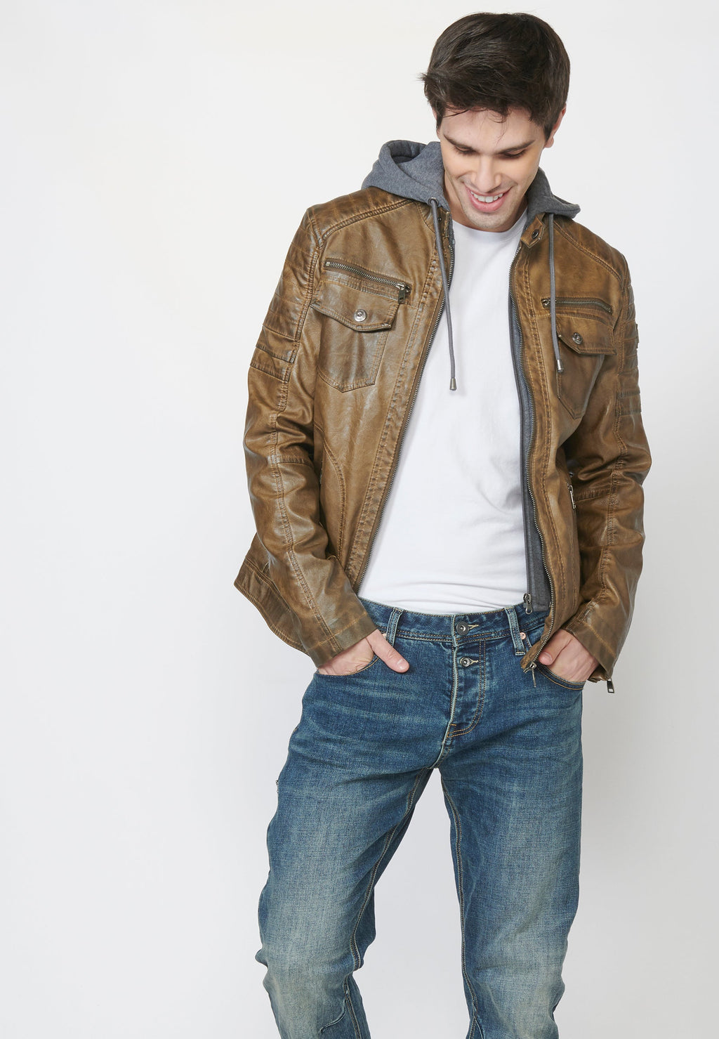 Chaqueta Cazadora Hombre Efecto Piel Capucha Desmontable – Koroshi 2211JA05