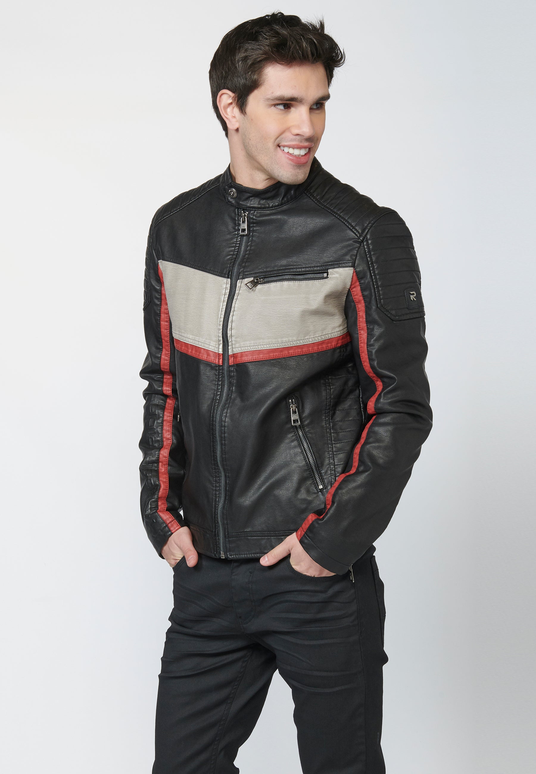 Chaqueta Cazadora Motera Hombre Efecto Piel – Koroshi Negro