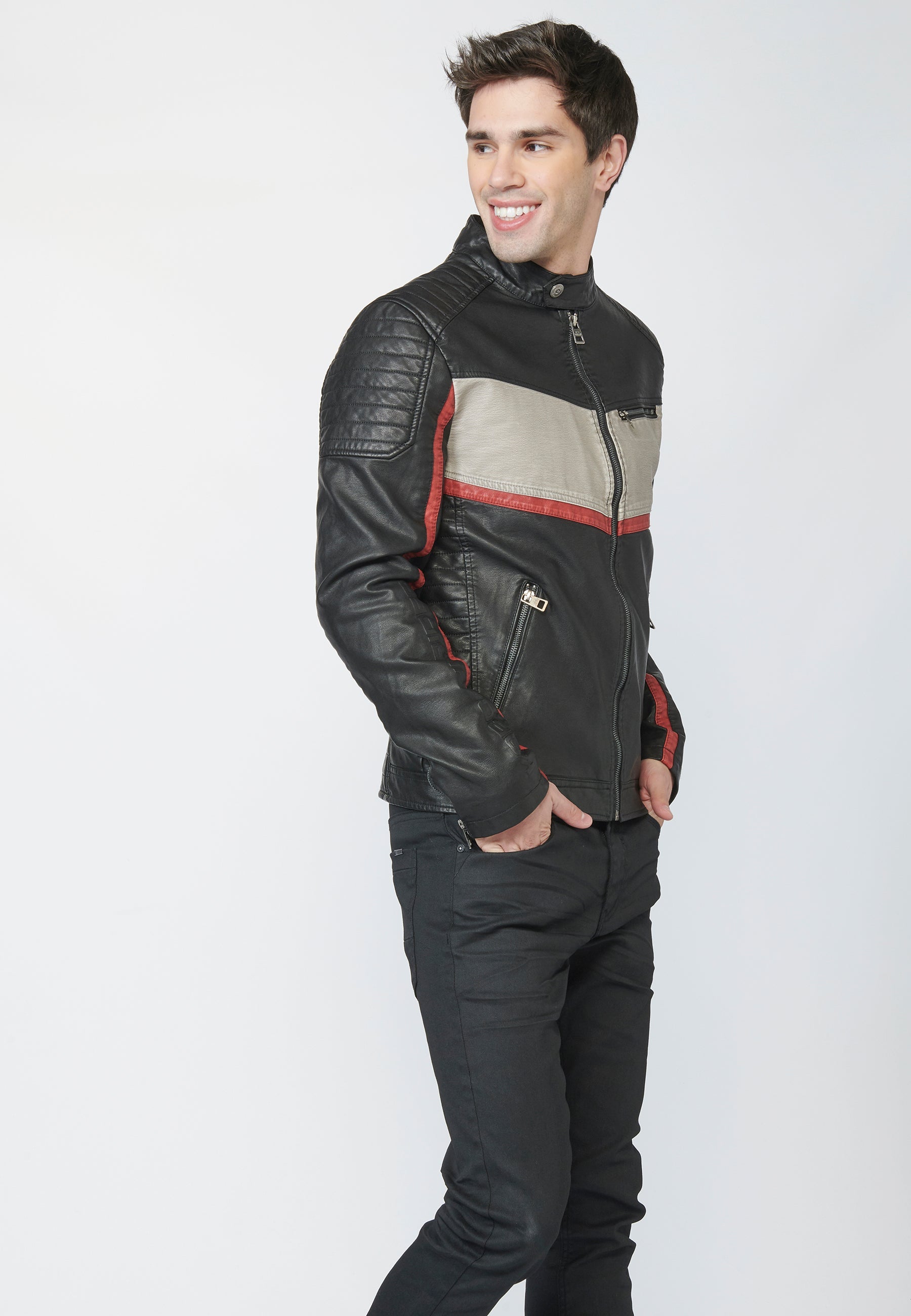 Chaqueta Cazadora Motera Hombre Efecto Piel – Koroshi Negro