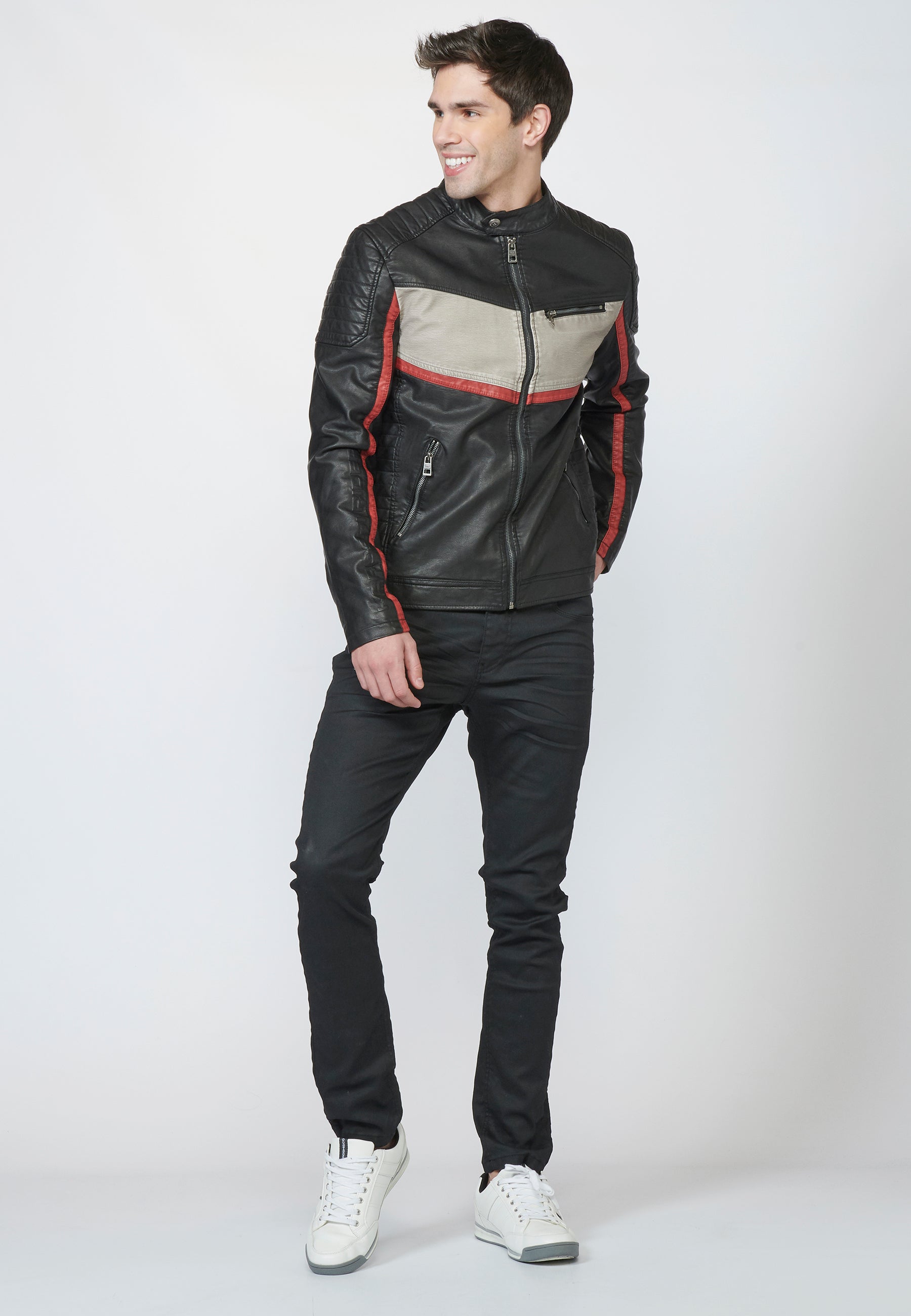 Chaqueta Cazadora Motera Hombre Efecto Piel – Koroshi Negro
