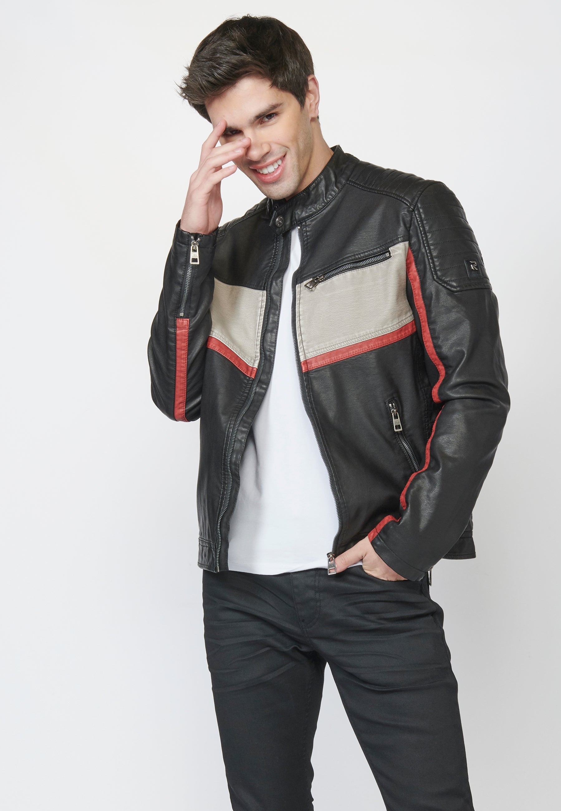 Chaqueta Cazadora Motera Hombre Efecto Piel – Koroshi Negro
