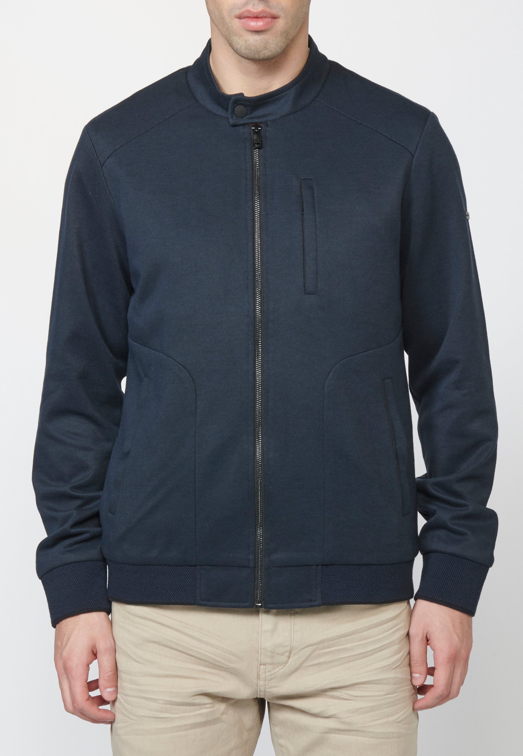 Cazadora Bomber Hombre Punto Estructurado Cuello Mao – Koroshi Azul Navy