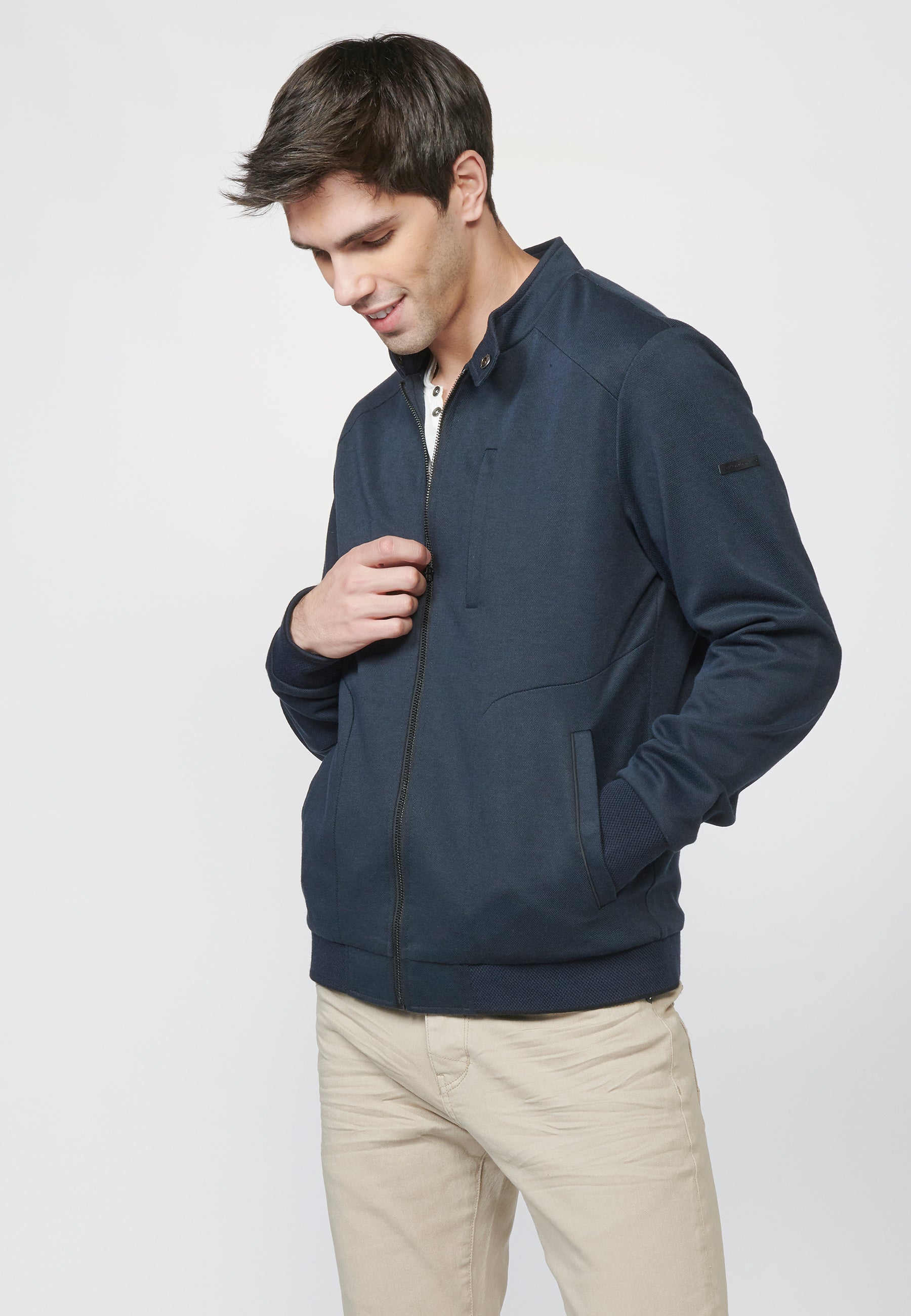 Cazadora Bomber Hombre Punto Estructurado Cuello Mao – Koroshi Azul Navy