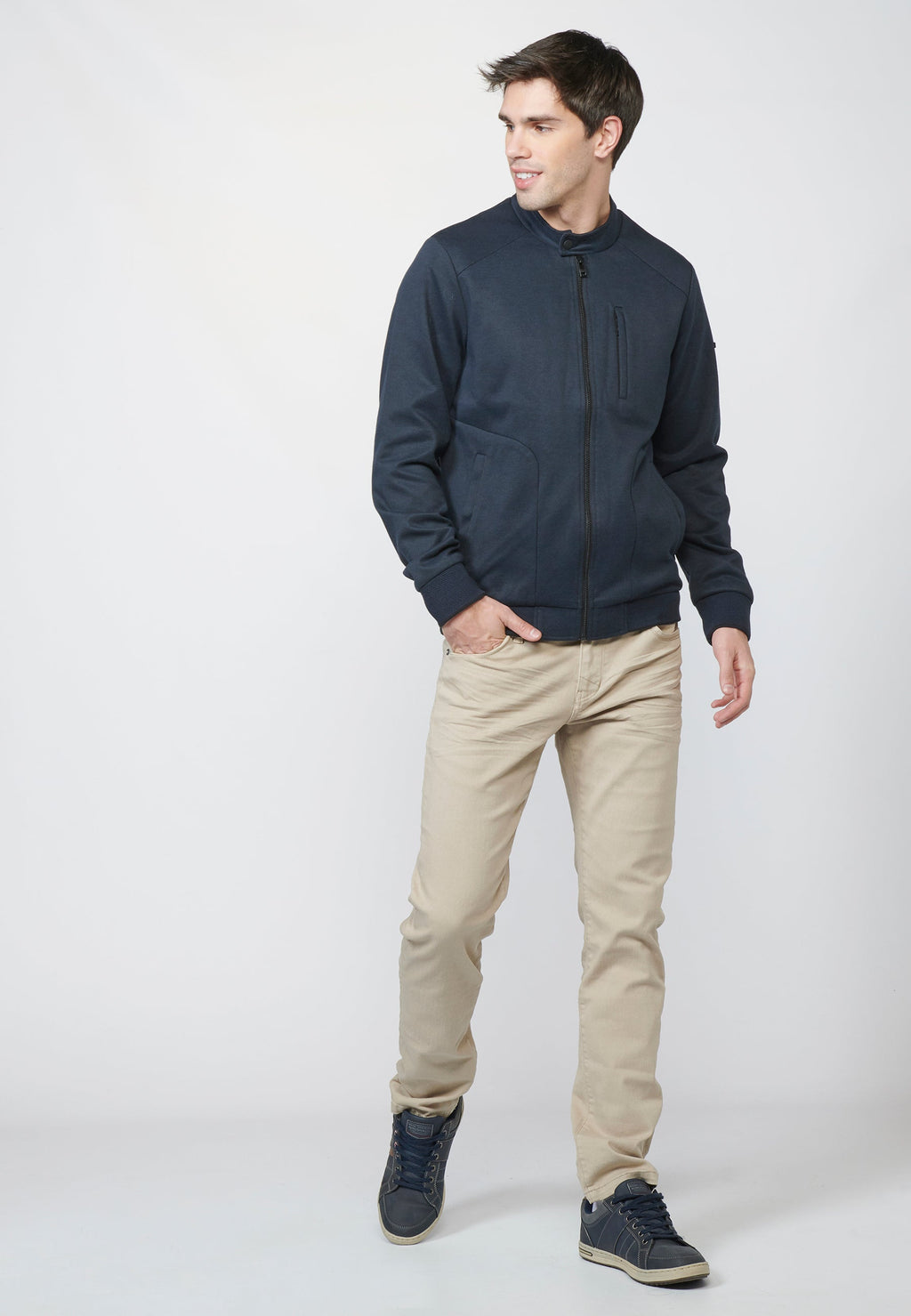 Cazadora Bomber Hombre Punto Estructurado Cuello Mao – Koroshi Azul Navy
