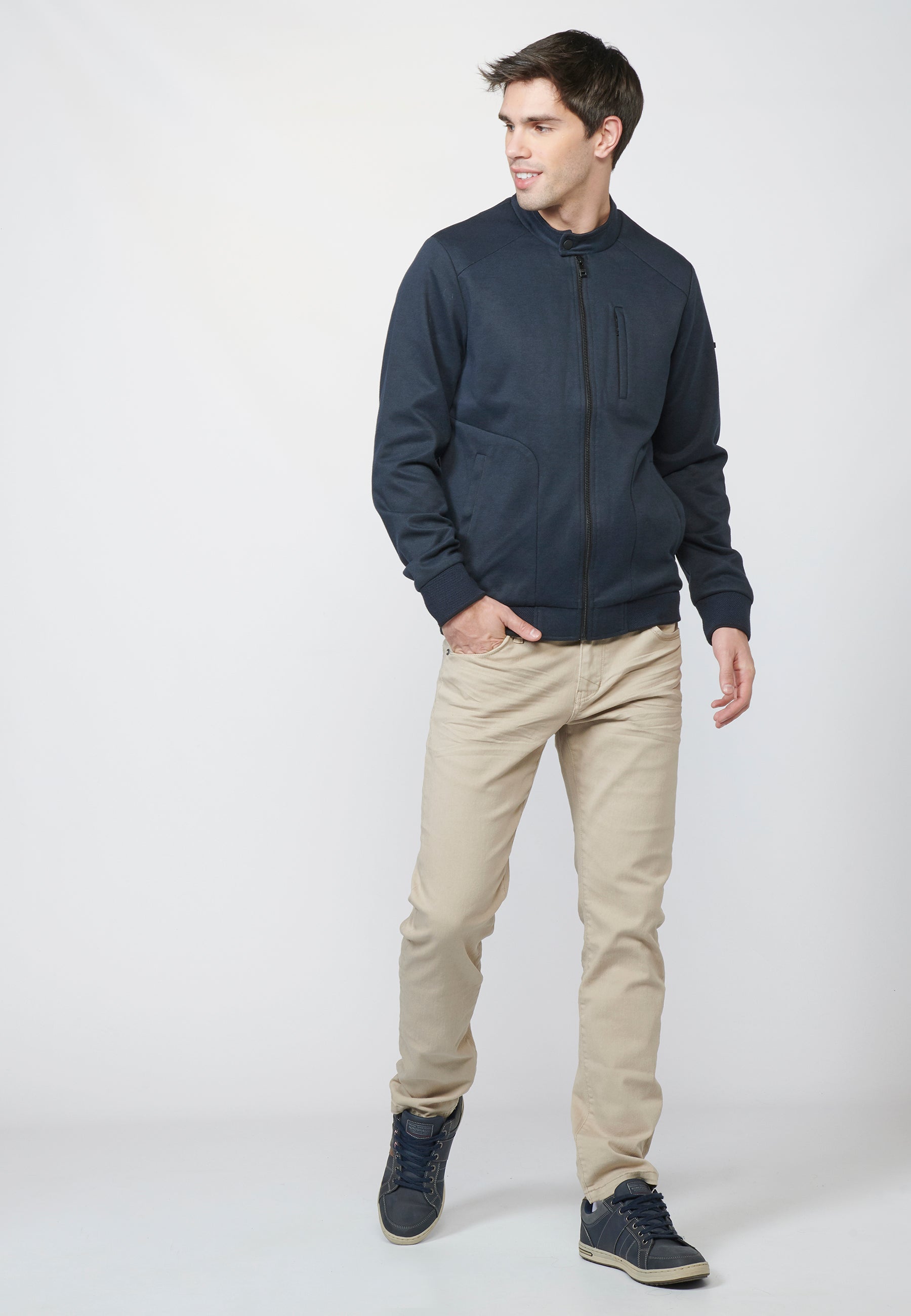 Cazadora Bomber Hombre Punto Estructurado Cuello Mao – Koroshi Azul Navy