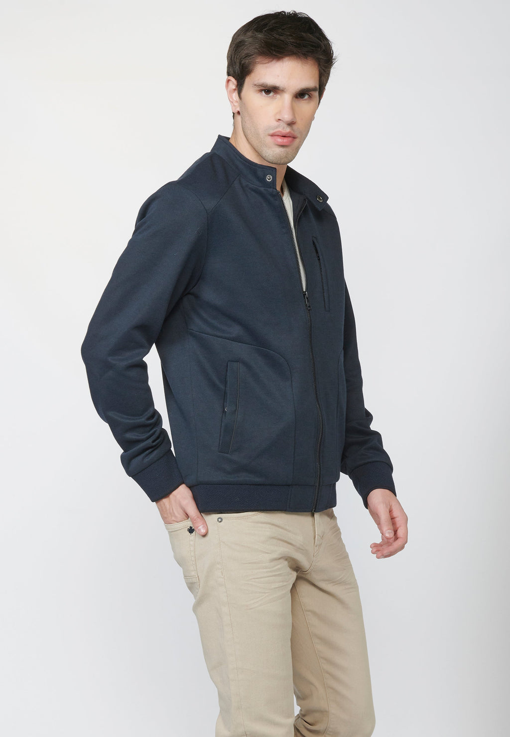 Cazadora Bomber Hombre Punto Estructurado Cuello Mao – Koroshi Azul Navy