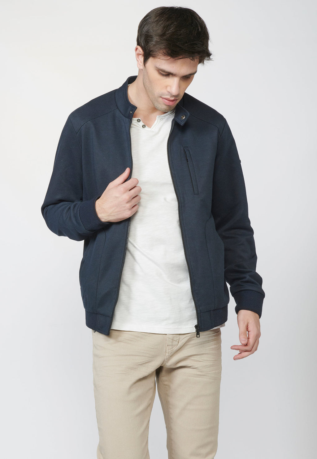 Cazadora Bomber Hombre Punto Estructurado Cuello Mao – Koroshi Azul Navy