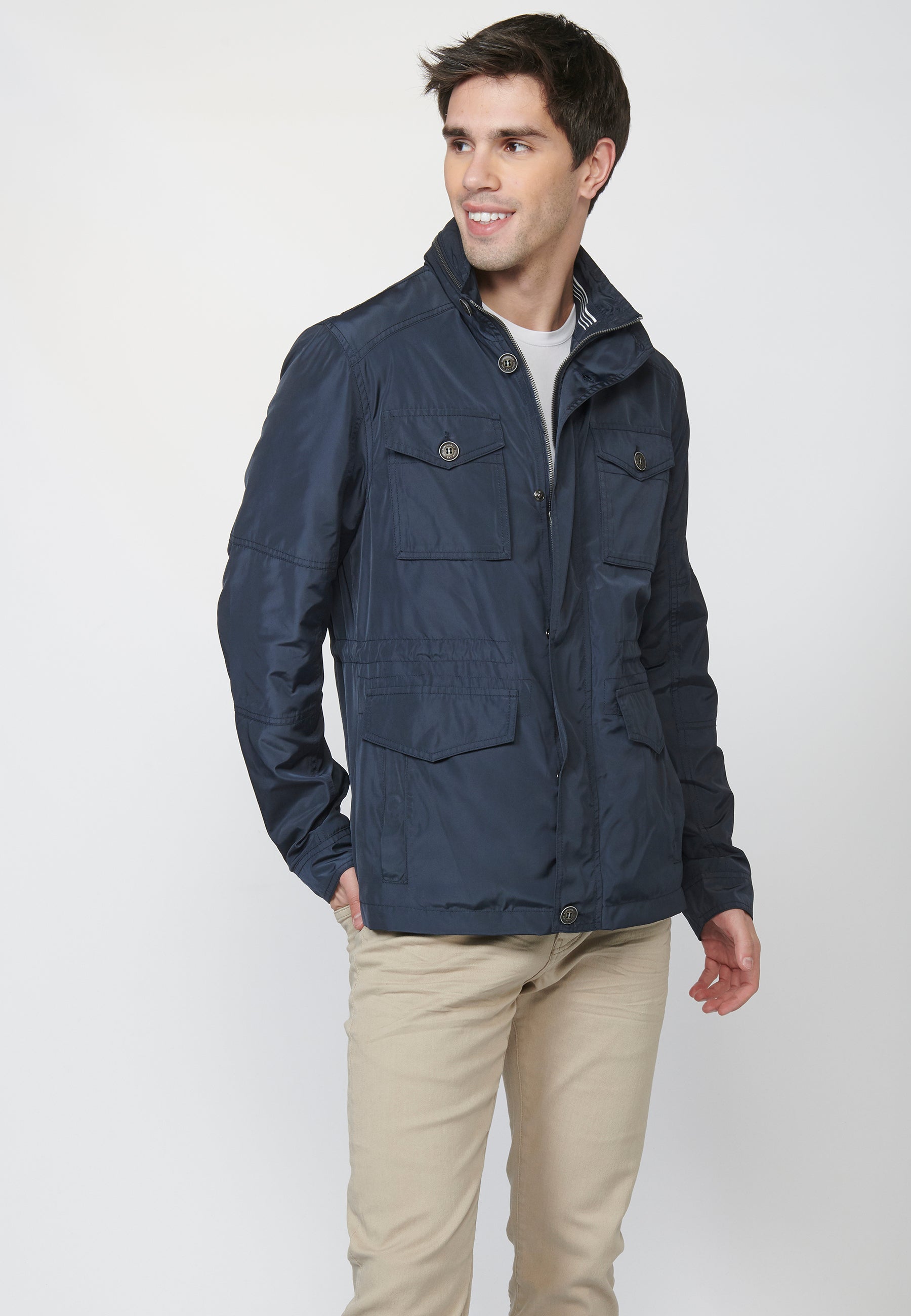 Chaqueta Field Hombre Cuello Alto con Cuatro Bolsillos – Koroshi Azul Navy