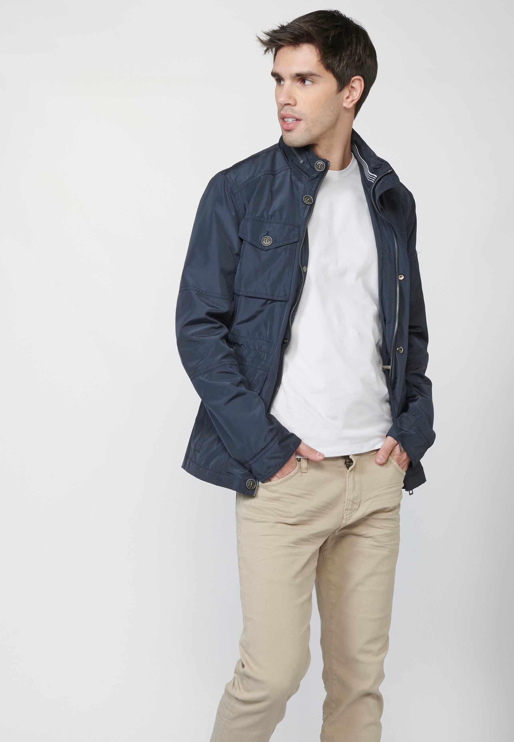 Chaqueta Field Hombre Cuello Alto con Cuatro Bolsillos – Koroshi Azul Navy