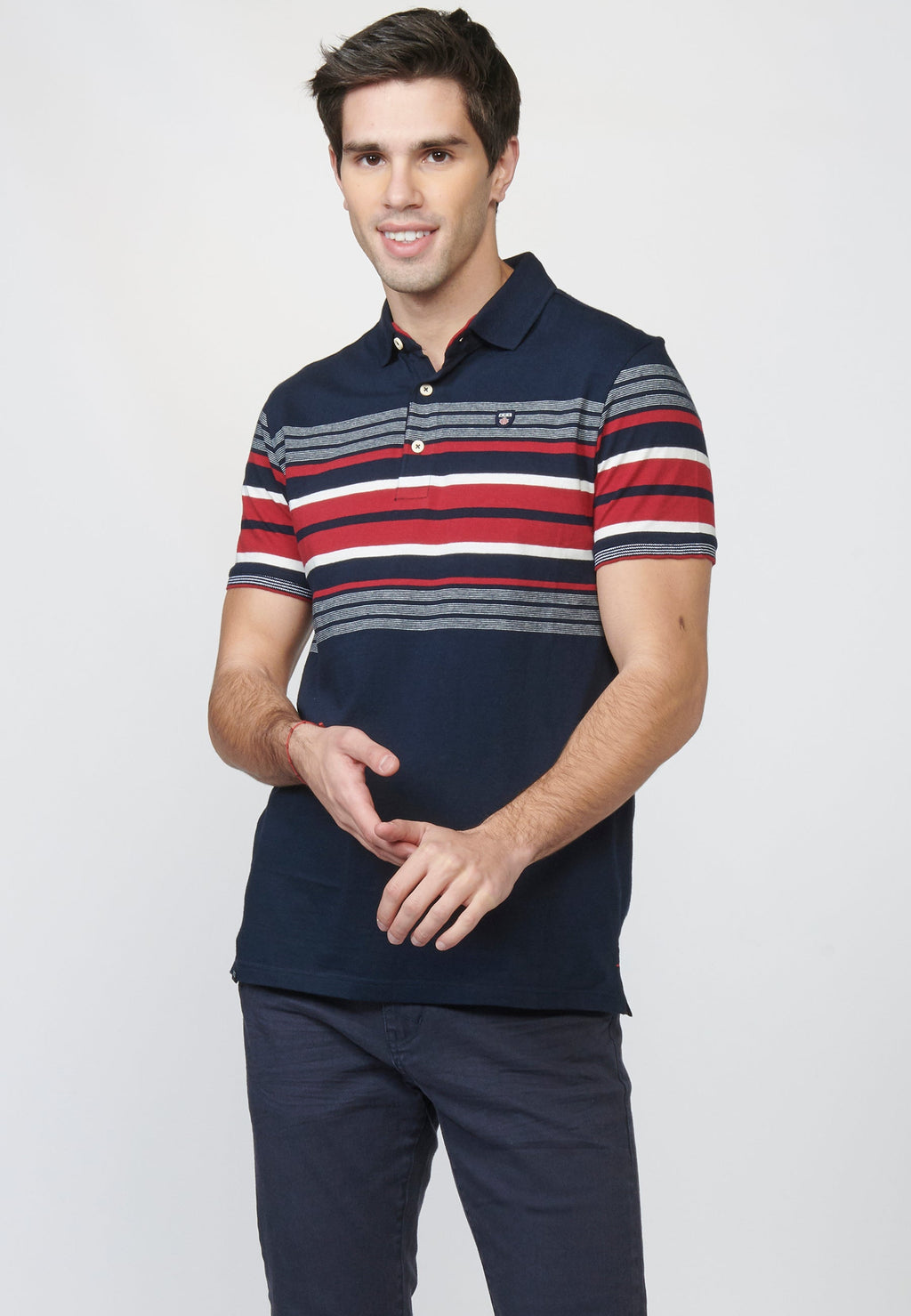 Polo Hombre Manga Corta Rayas en Pecho 100% Algodón – Koroshi Azul Marino