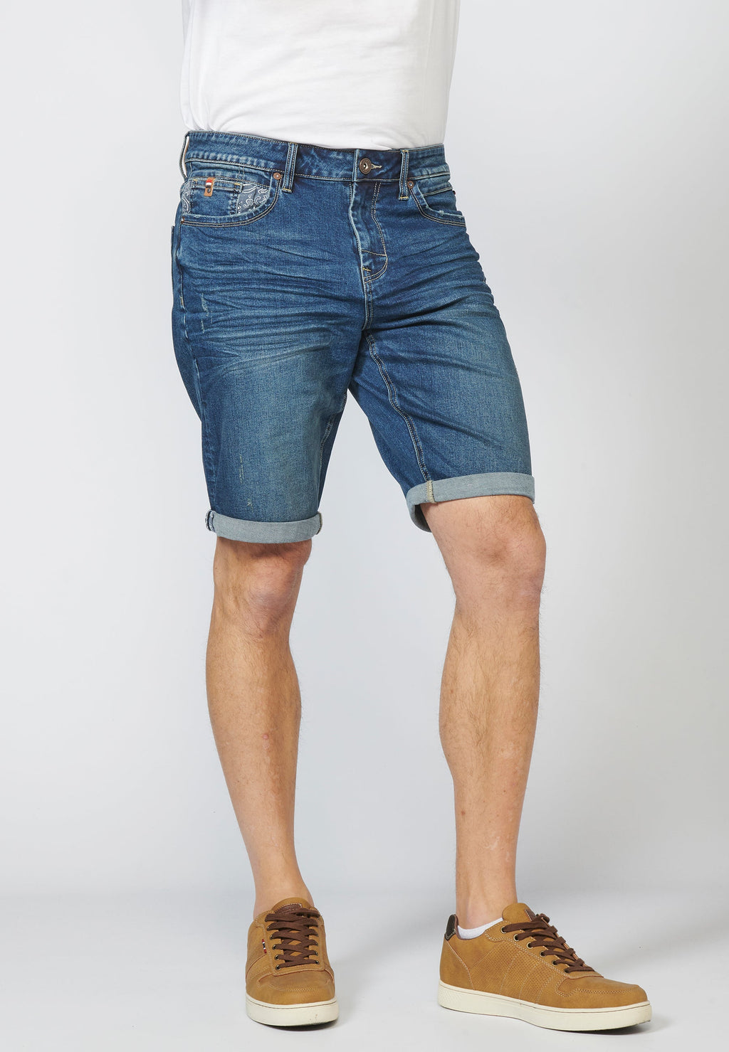 Pantalón Corto Knit Denim Regular Efecto Gastado Hombre Azul Medio – Koroshi