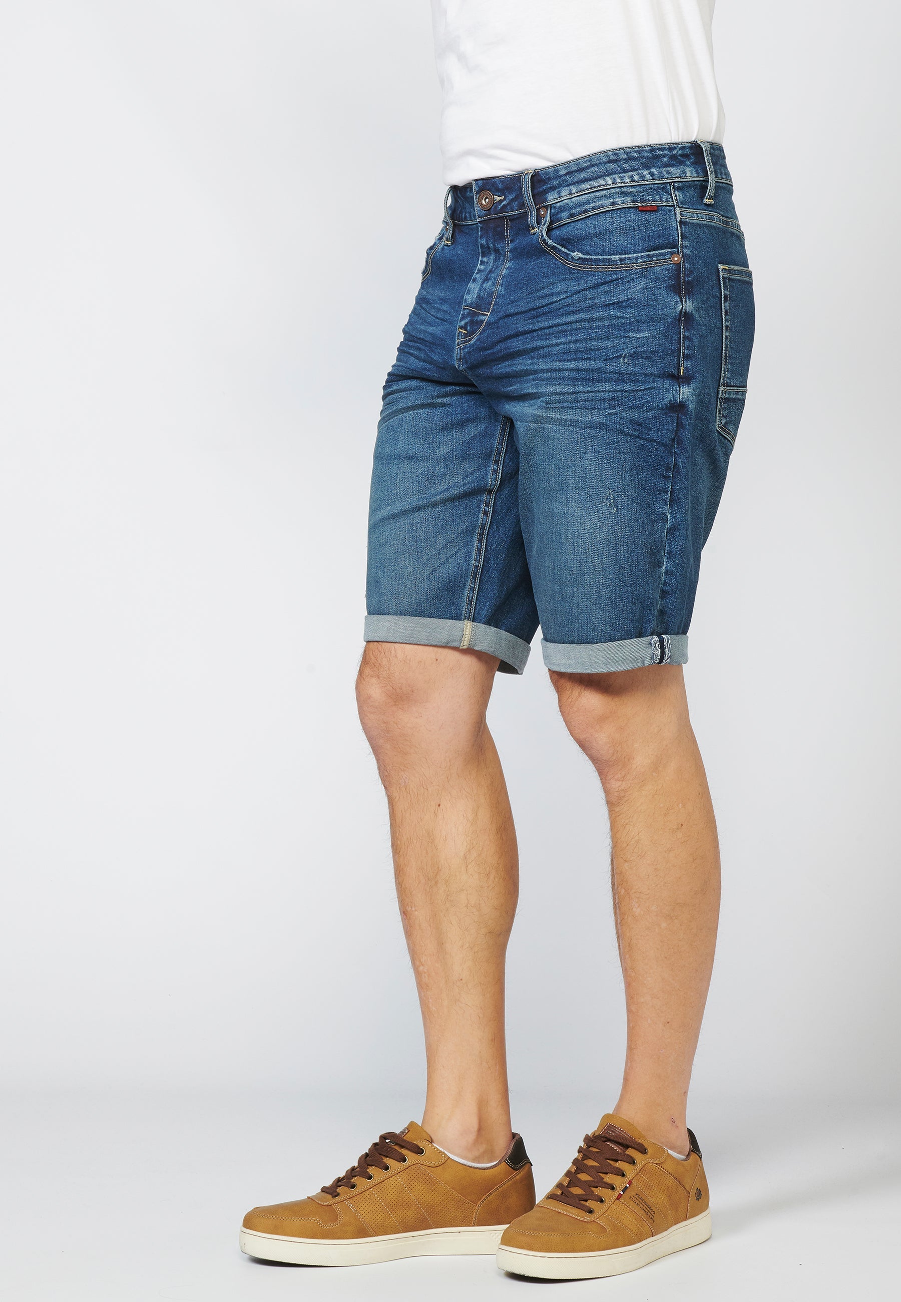 Pantalón Corto Knit Denim Regular Efecto Gastado Hombre Azul Medio – Koroshi