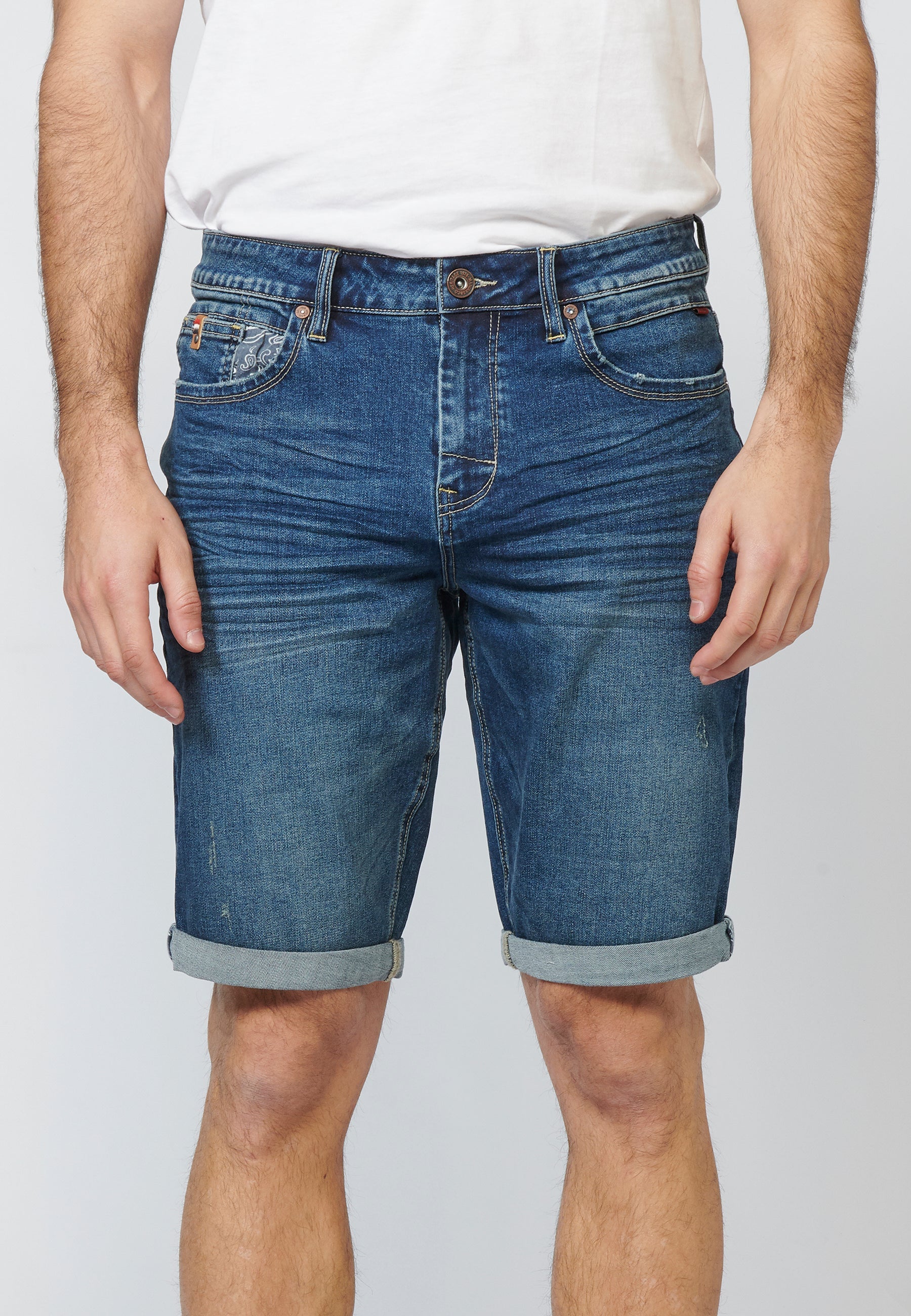 Pantalón Corto Knit Denim Regular Efecto Gastado Hombre Azul Medio – Koroshi