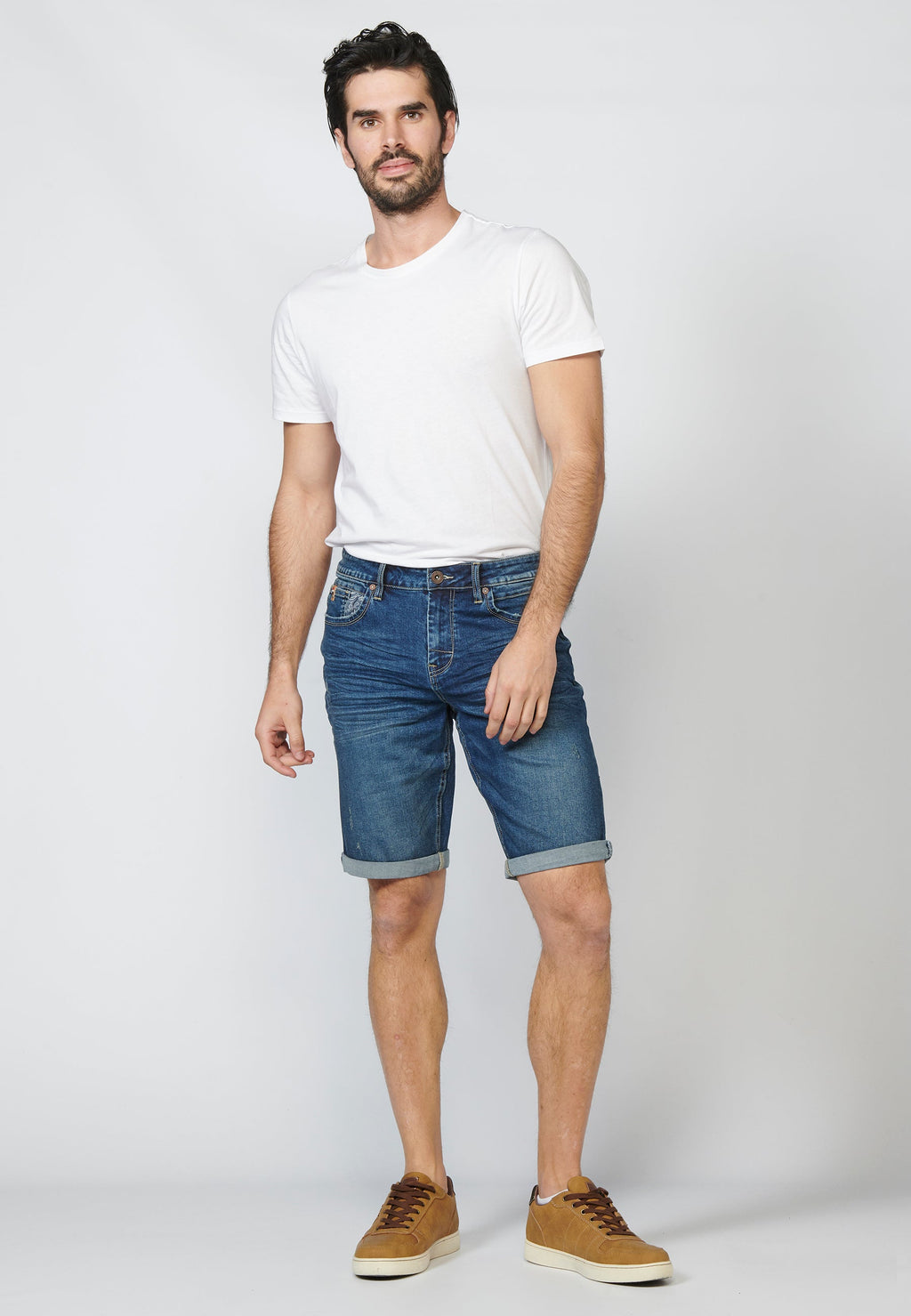 Pantalón Corto Knit Denim Regular Efecto Gastado Hombre Azul Medio – Koroshi