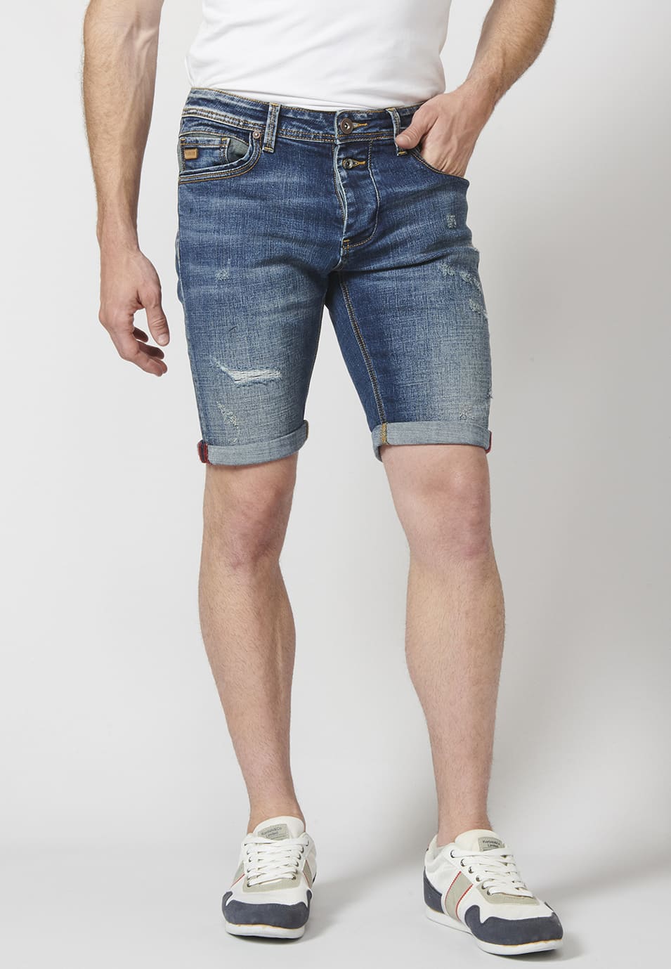 Pantalón Corto Denim Azul Medio Slim Fit Desgastado Cerillero Camuflaje Hombre – KOROSHI