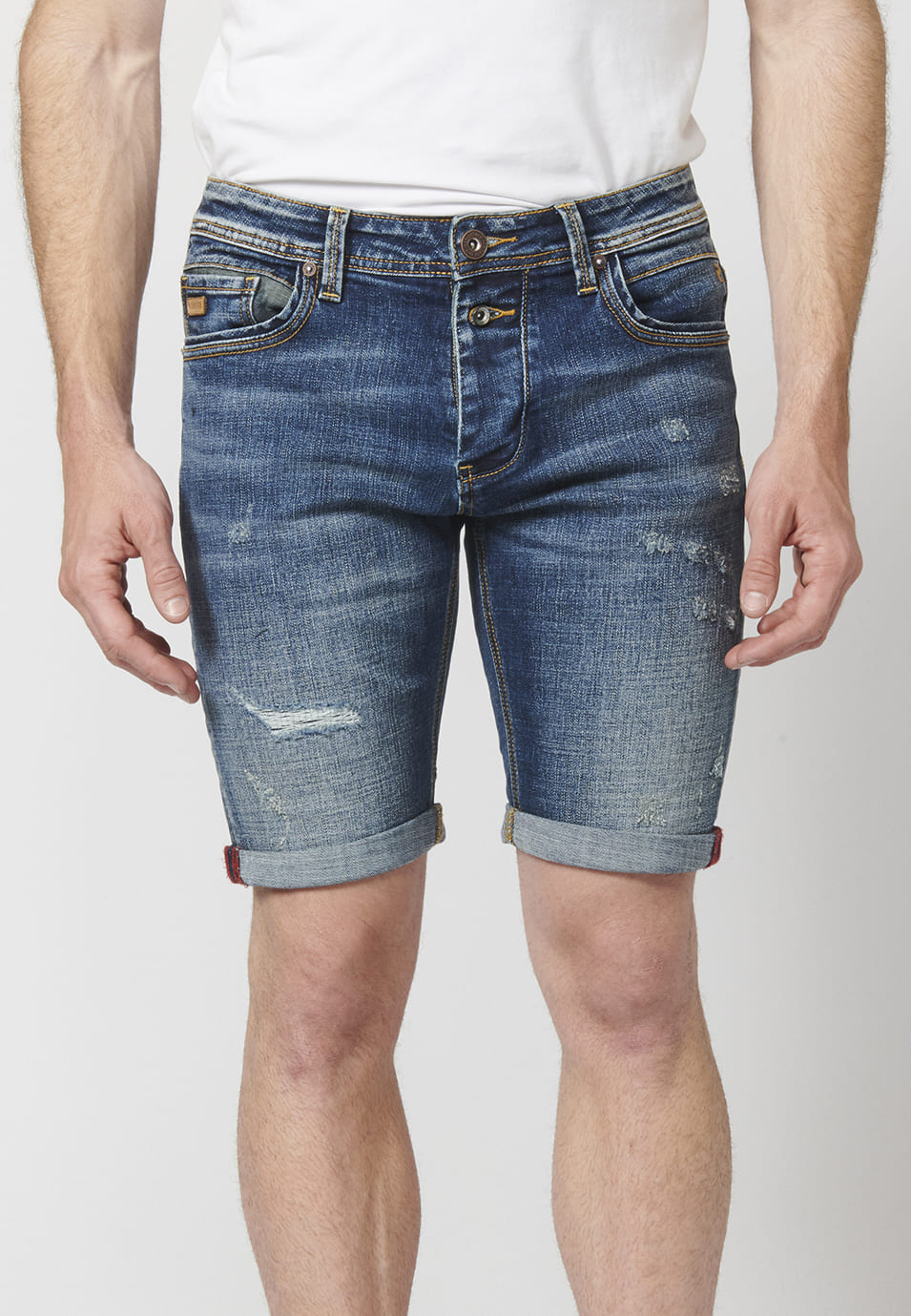 Pantalón Corto Denim Azul Medio Slim Fit Desgastado Cerillero Camuflaje Hombre – KOROSHI