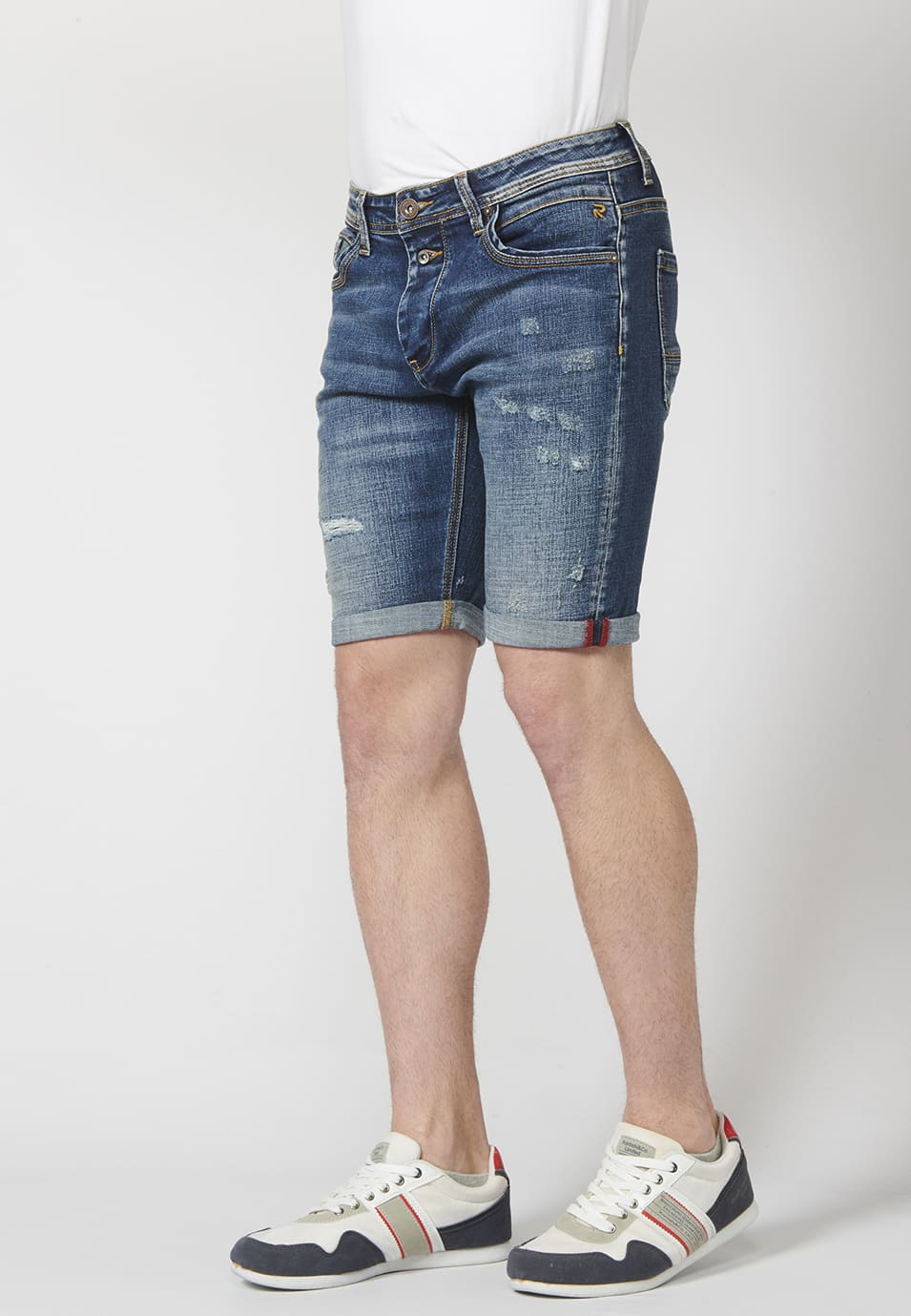 Pantalón Corto Denim Azul Medio Slim Fit Desgastado Cerillero Camuflaje Hombre – KOROSHI