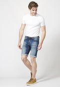 Pantalón Corto Denim Azul Medio Regular Fit Desgastado 5 Bolsillos Bajo Vuelta Hombre – KOROSHI