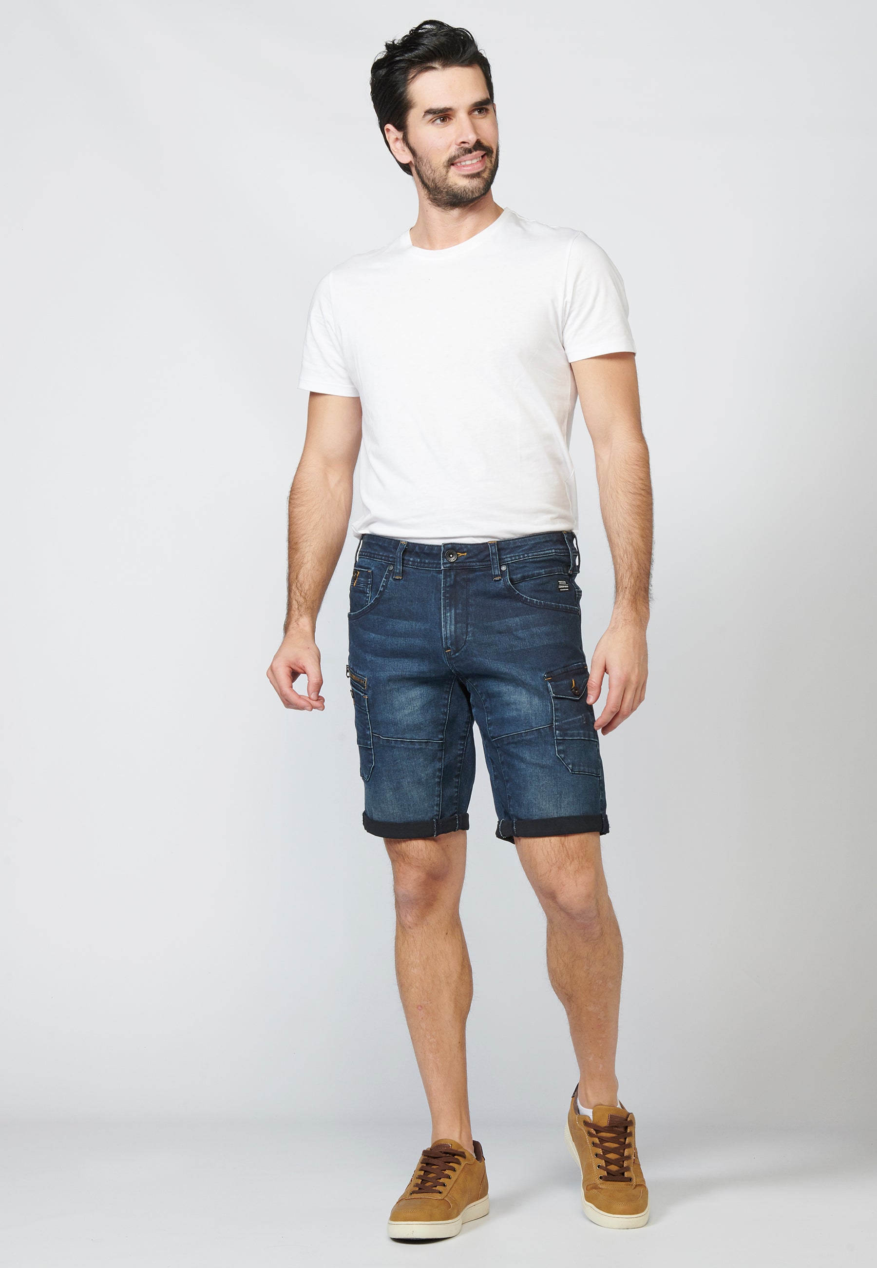 Bermuda Hombre Cargo Denim Desgastada – Koroshi Azul Oscuro