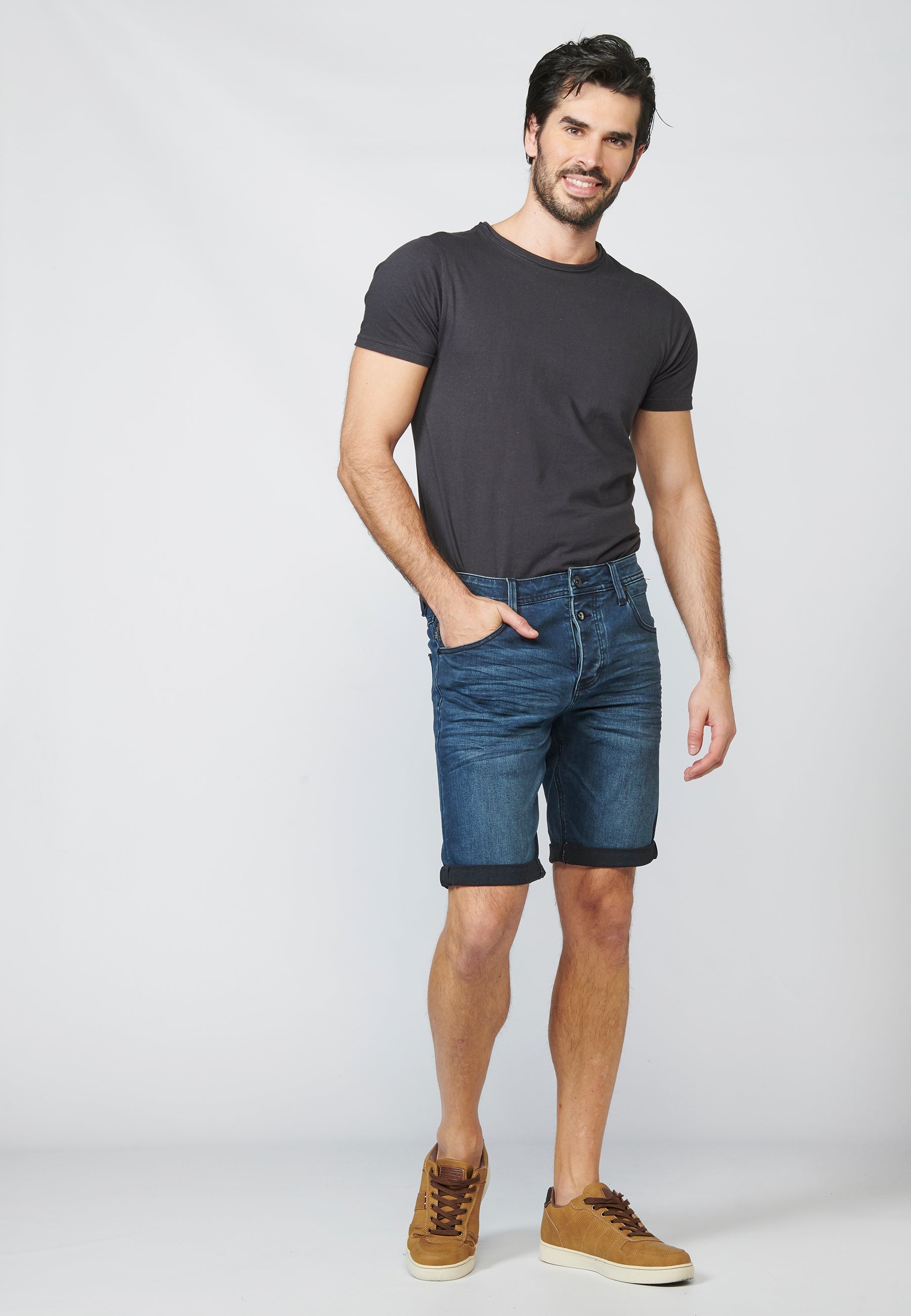 Bermuda Hombre Denim Tapered Desgastada Bordado – Koroshi Azul Oscuro