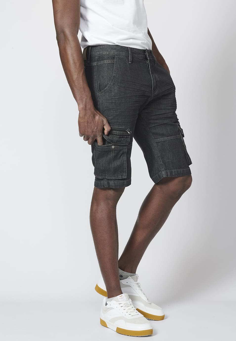 Bermuda Hombre Cargo Denim Relaxed 6 Bolsillos – Koroshi Negro