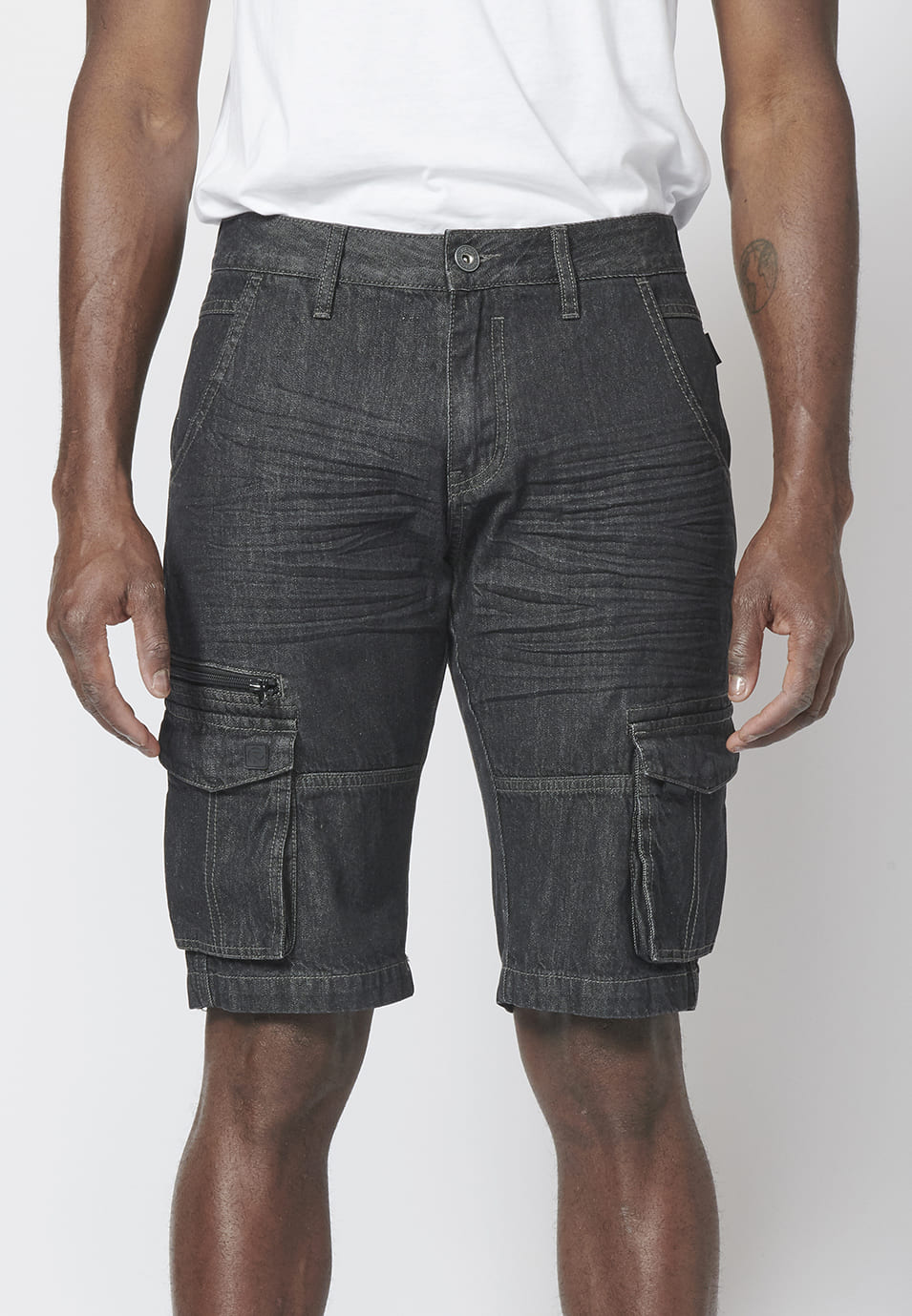 Bermuda Hombre Cargo Denim Relaxed 6 Bolsillos – Koroshi Negro