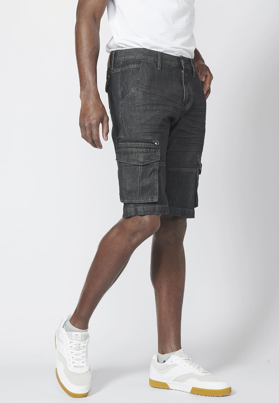 Bermuda Hombre Cargo Denim Relaxed 6 Bolsillos – Koroshi Negro