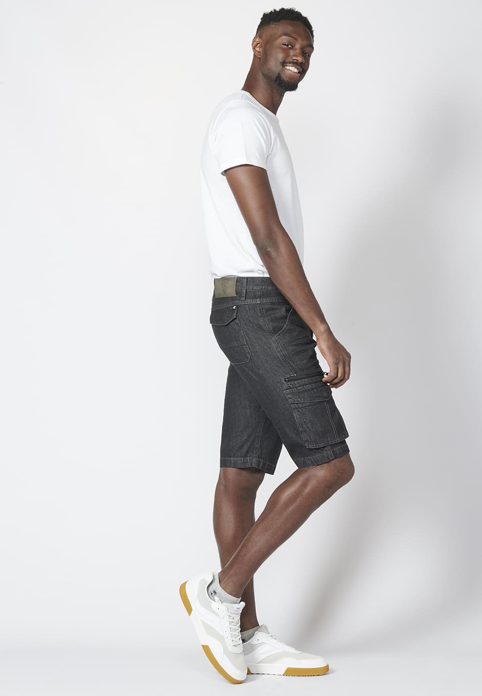 Bermuda Hombre Cargo Denim Relaxed 6 Bolsillos – Koroshi Negro