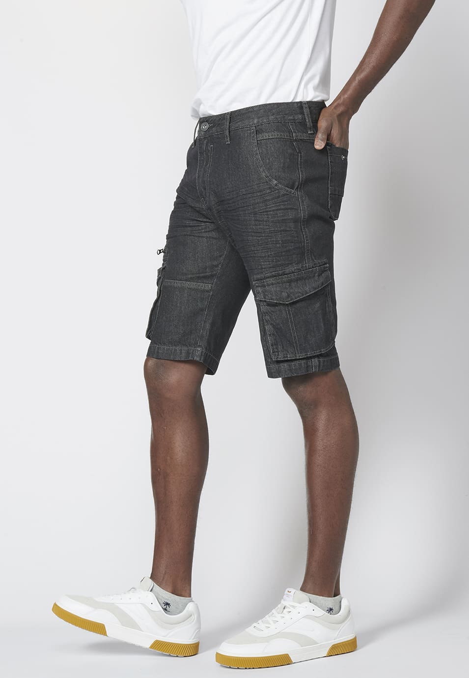 Bermuda Hombre Cargo Denim Relaxed 6 Bolsillos – Koroshi Negro