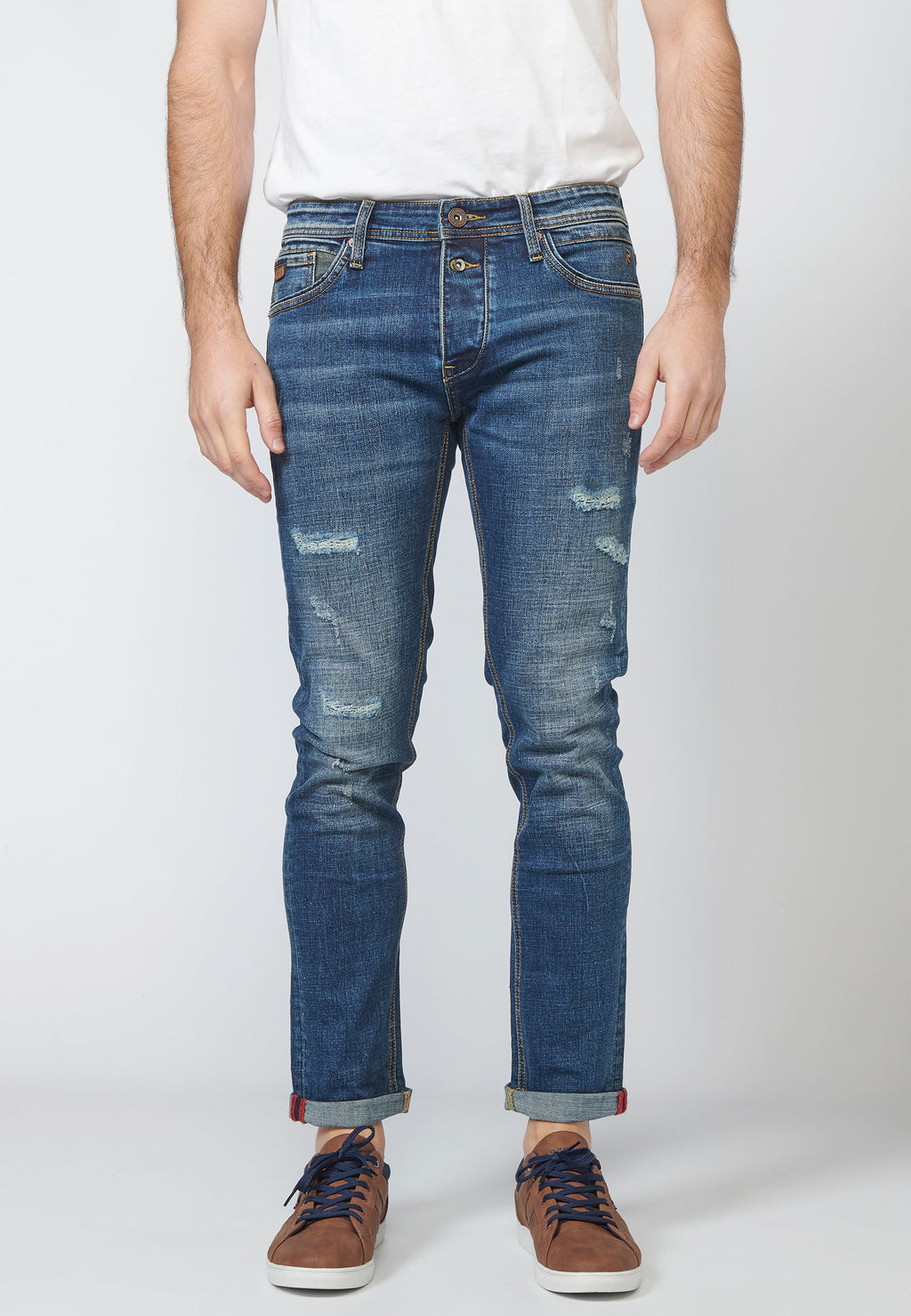 Pantalón Jeans Slim Fit Hombre Efecto Gastado y Rotos – Koroshi Azul Medio