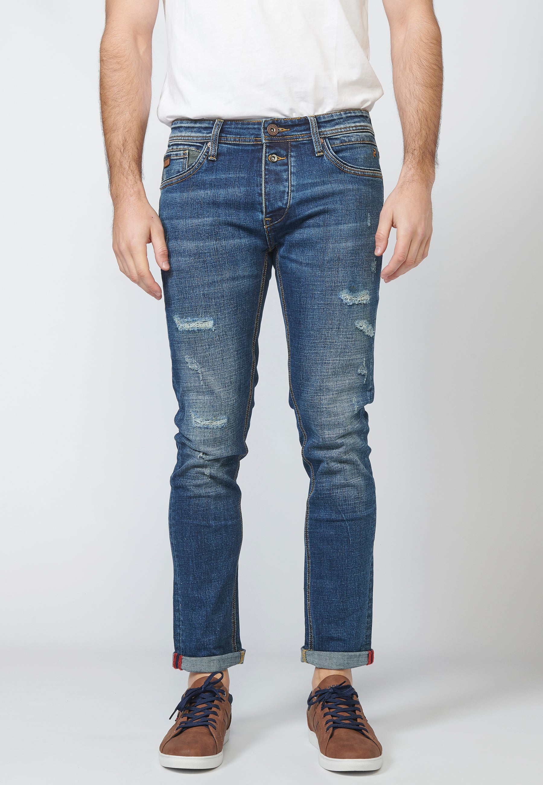 Pantalón Jeans Slim Fit Hombre Efecto Gastado y Rotos – Koroshi Azul Medio