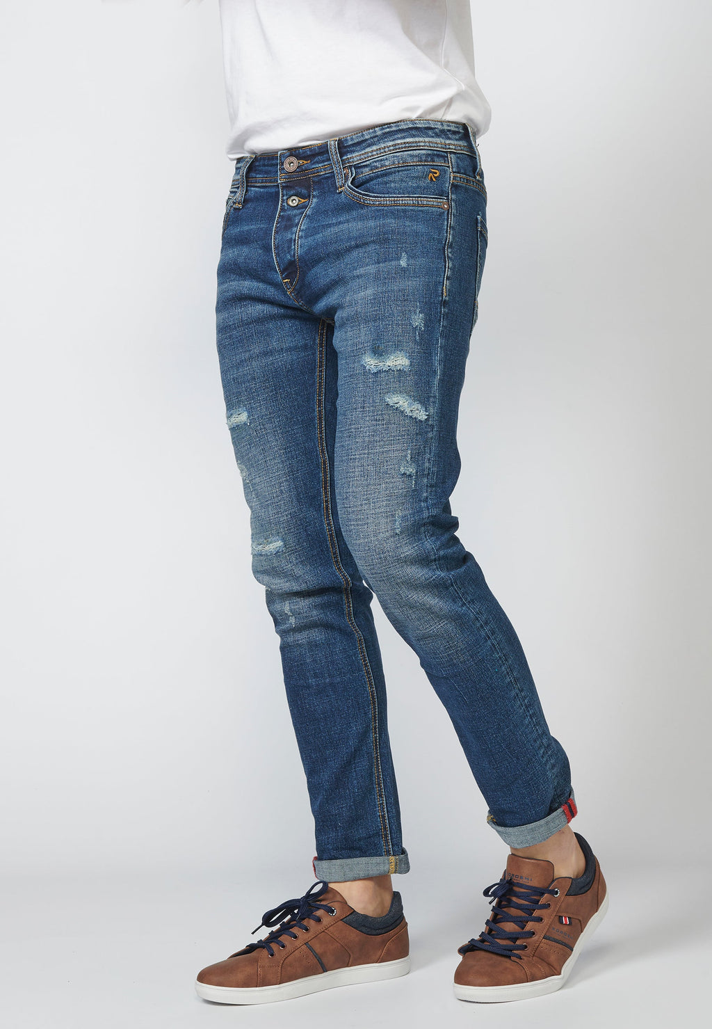 Pantalón Jeans Slim Fit Hombre Efecto Gastado y Rotos – Koroshi Azul Medio
