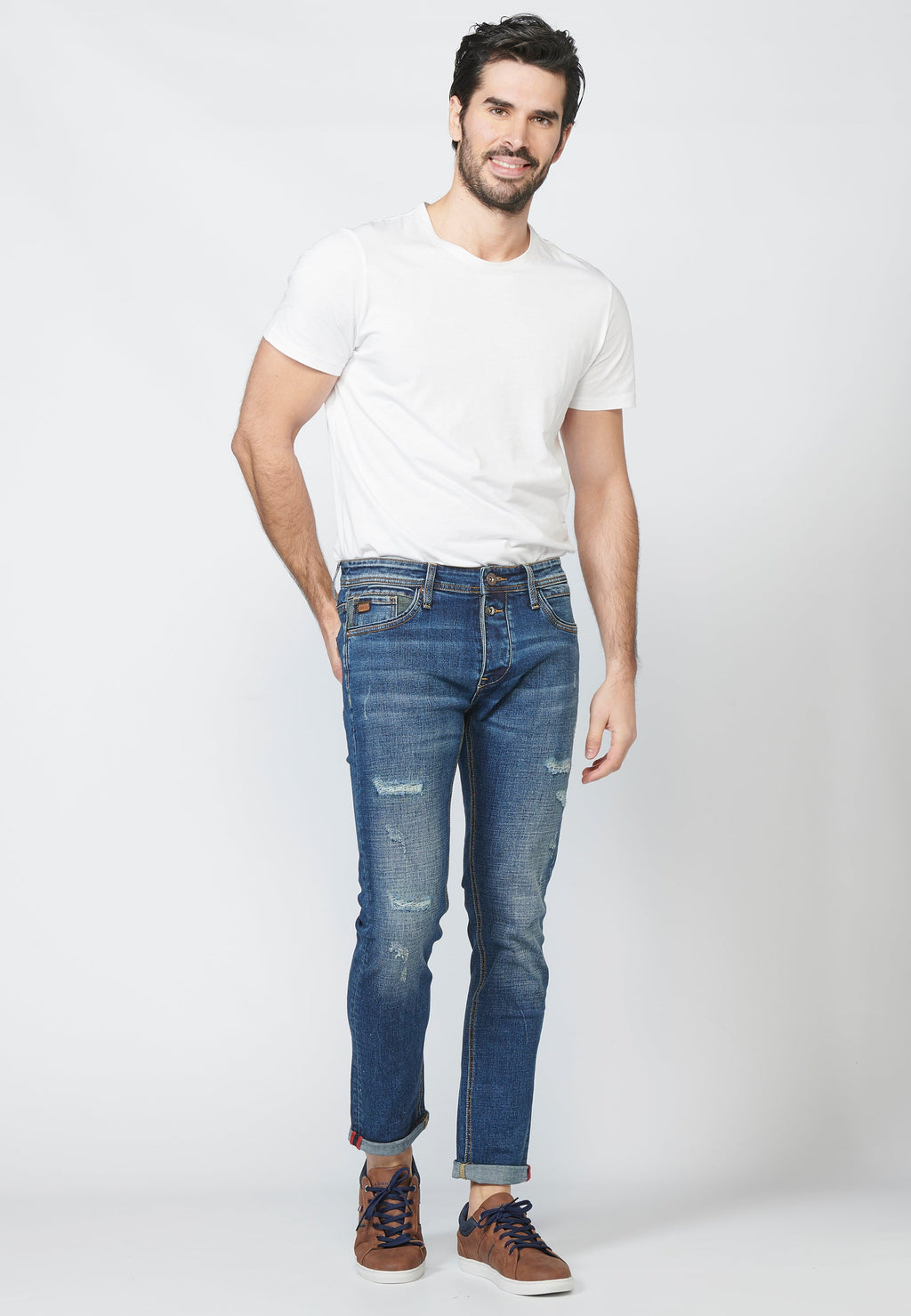 Pantalón Jeans Slim Fit Hombre Efecto Gastado y Rotos – Koroshi Azul Medio