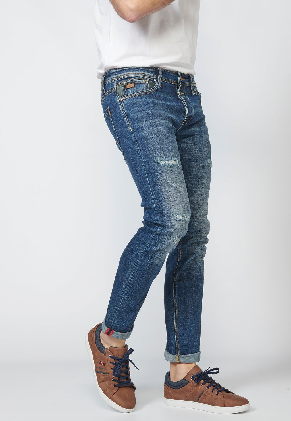 Pantalón Jeans Slim Fit Hombre Efecto Gastado y Rotos – Koroshi Azul Medio