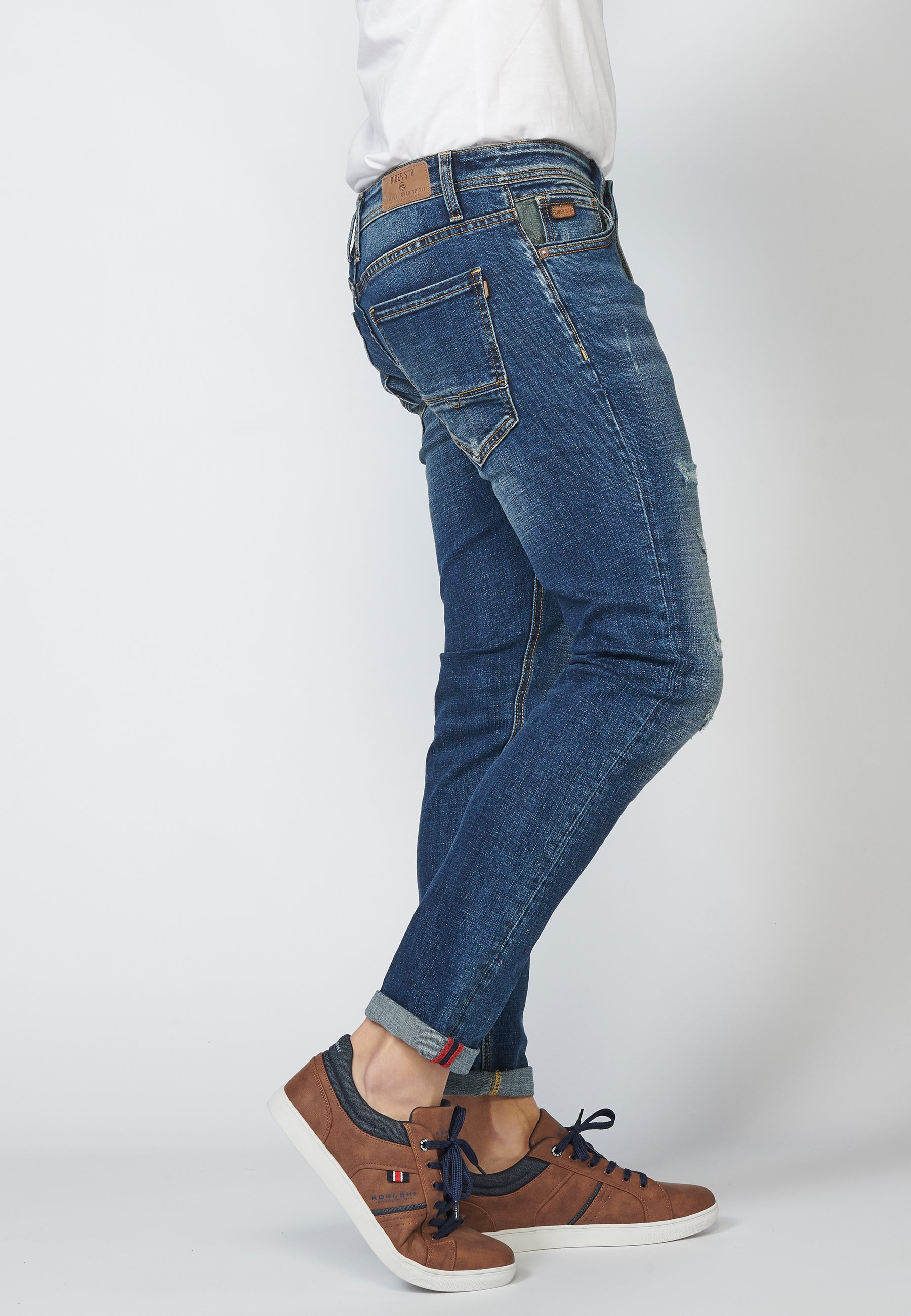 Pantalón Jeans Slim Fit Hombre Efecto Gastado y Rotos – Koroshi Azul Medio