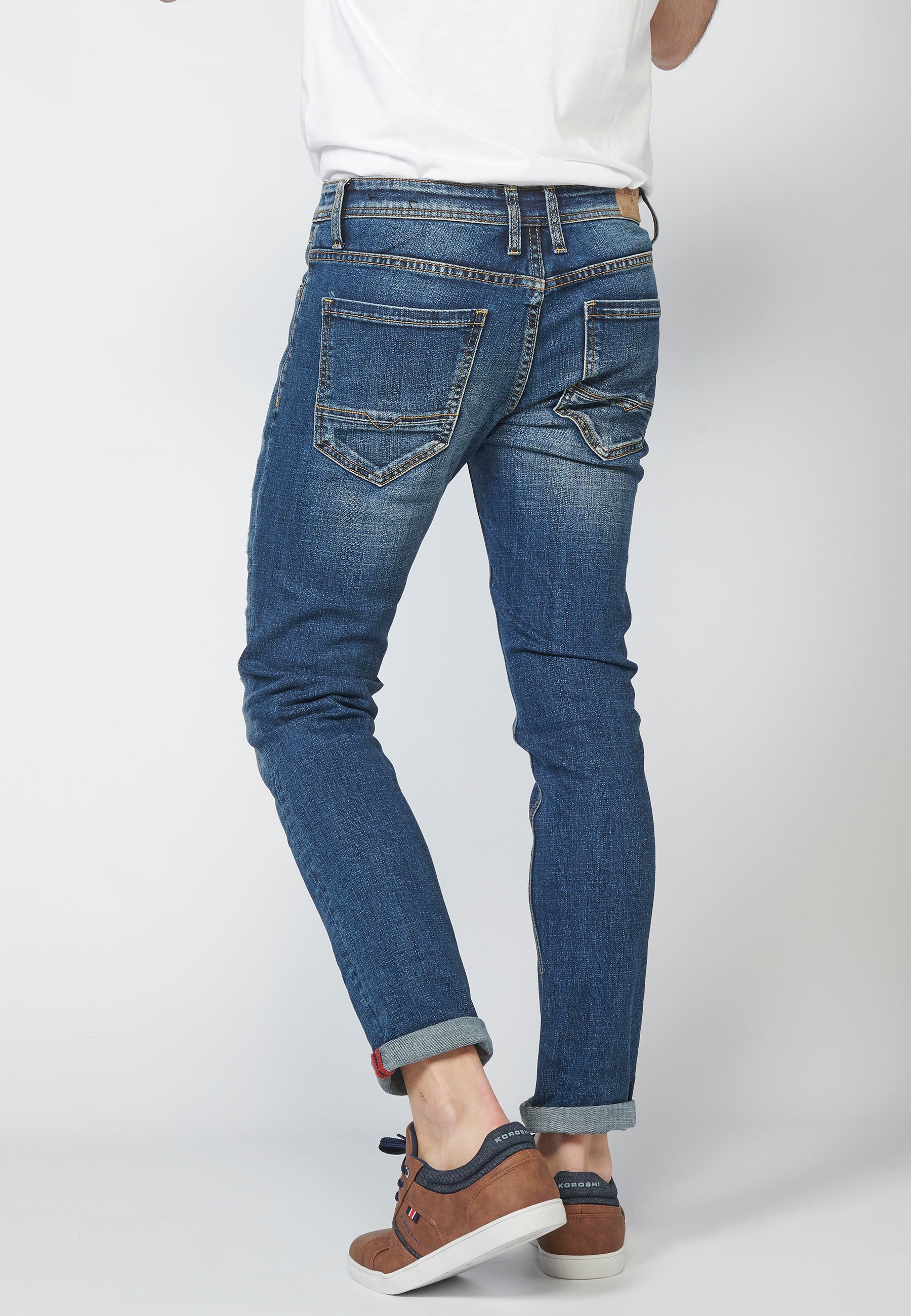 Pantalón Jeans Slim Fit Hombre Efecto Gastado y Rotos – Koroshi Azul Medio