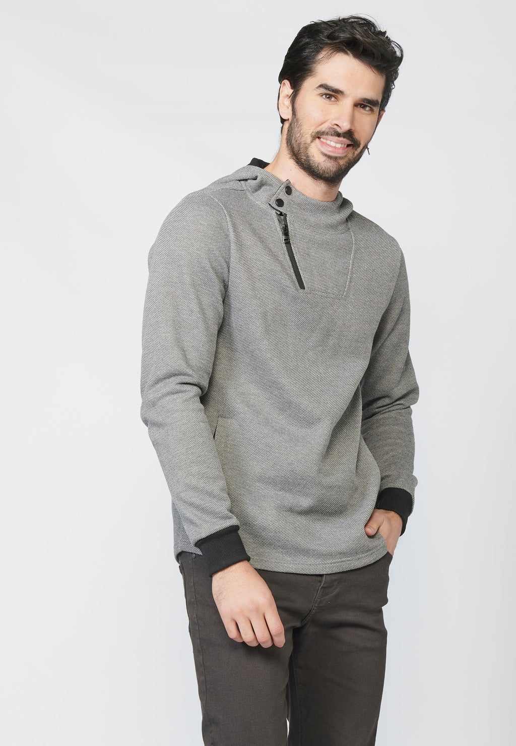 Sudadera felpa con estructura y capucha con botones y cremallera para hombre