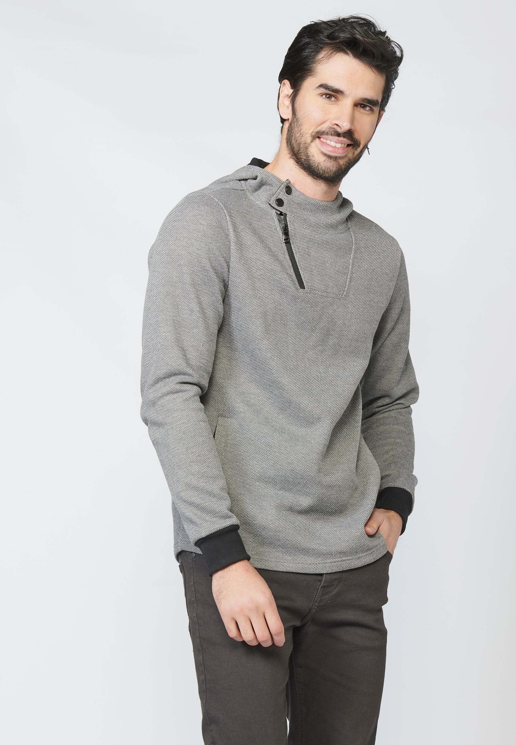 Sudadera felpa con estructura y capucha con botones y cremallera para hombre