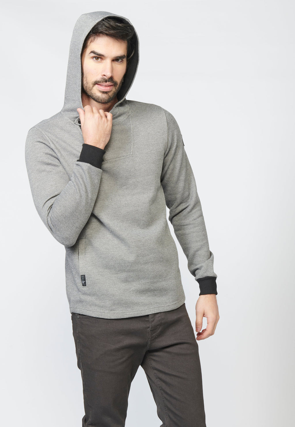 Sudadera felpa con estructura y capucha con botones y cremallera para hombre
