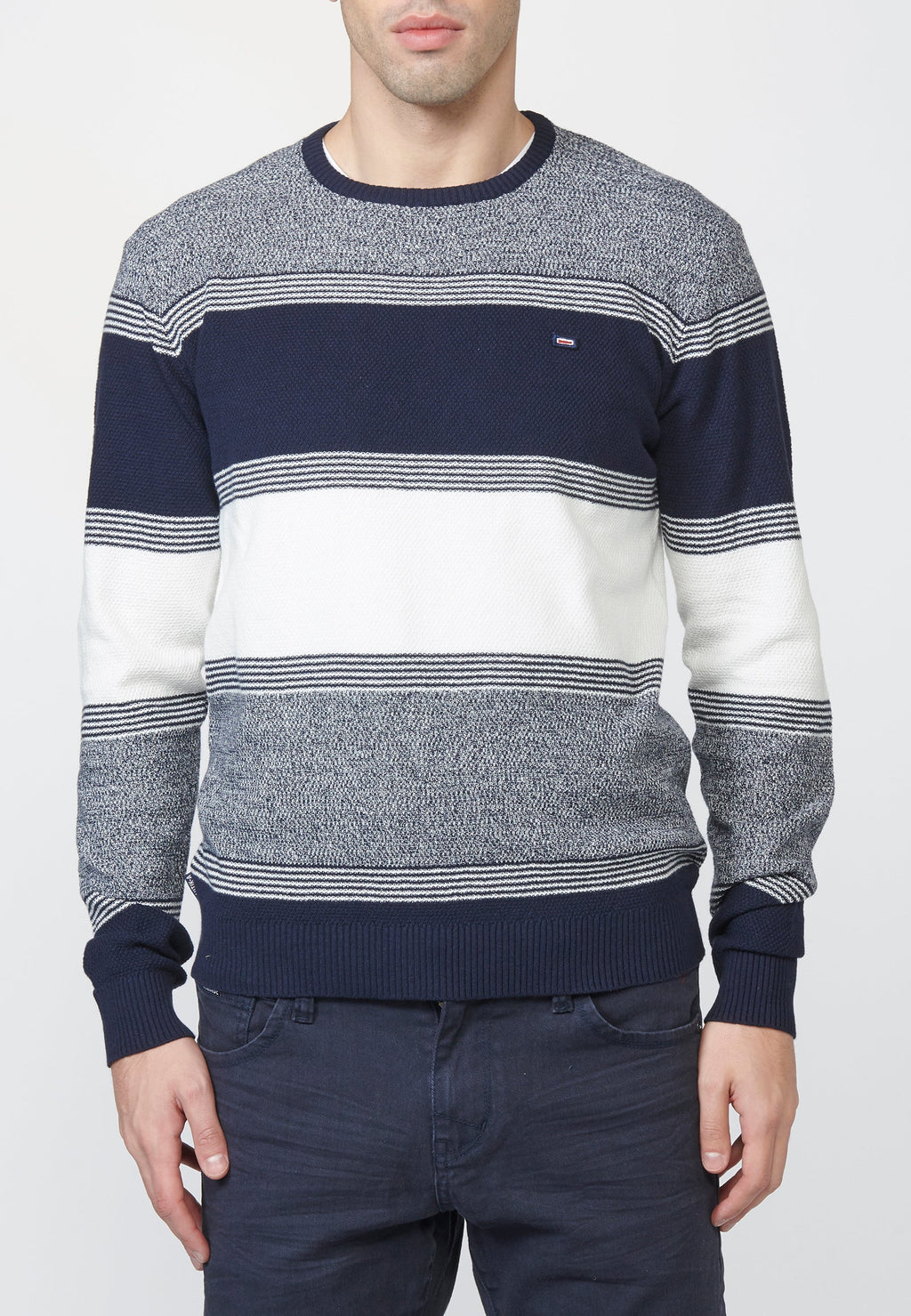 Jersey punto cuello redondo texturizado a rayas de algodón para hombre