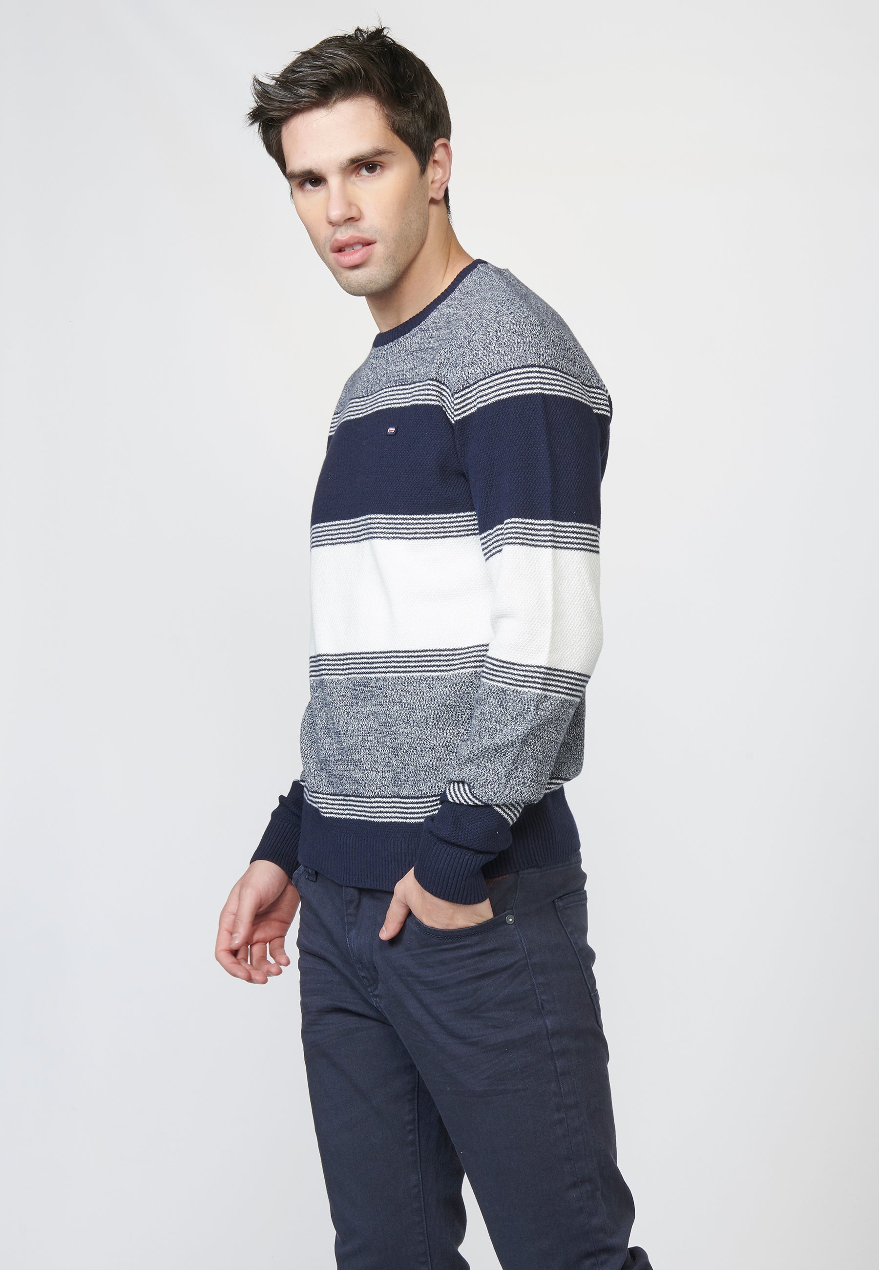 Jersey punto cuello redondo texturizado a rayas de algodón para hombre