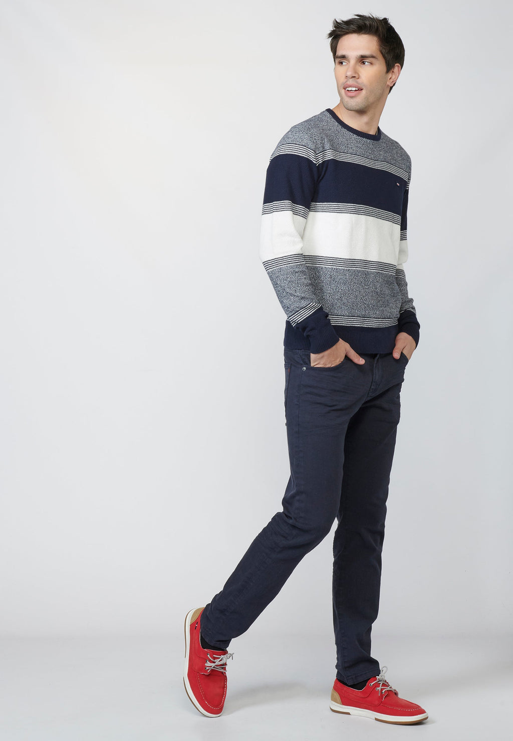 Jersey punto cuello redondo texturizado a rayas de algodón para hombre